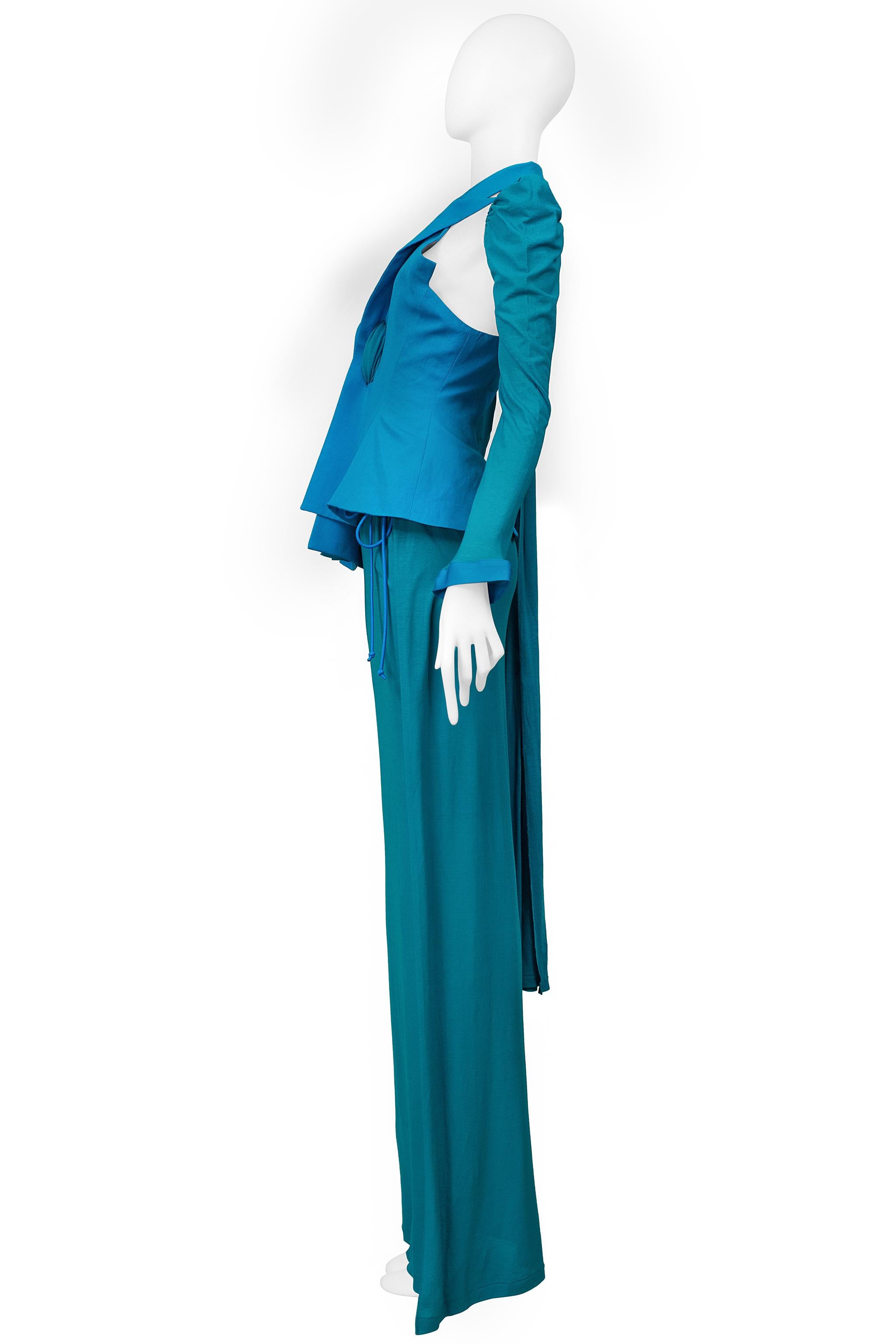 Yohji Yamamoto Blue & Teal Evening Ensemble With Detachable Sleeve & Scarf For Sale 1