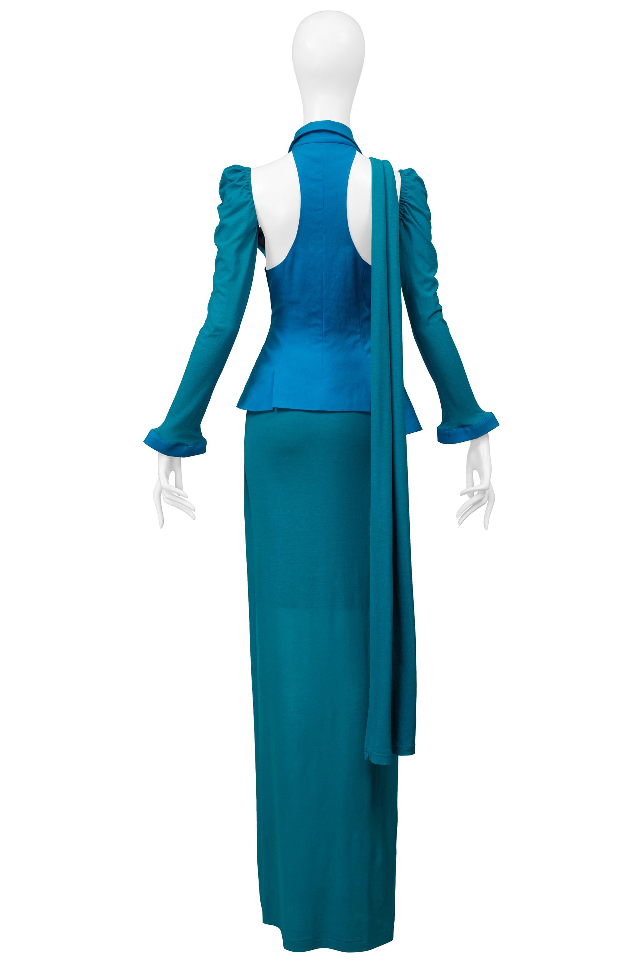 Yohji Yamamoto Blue & Teal Evening Ensemble With Detachable Sleeve & Scarf For Sale 2