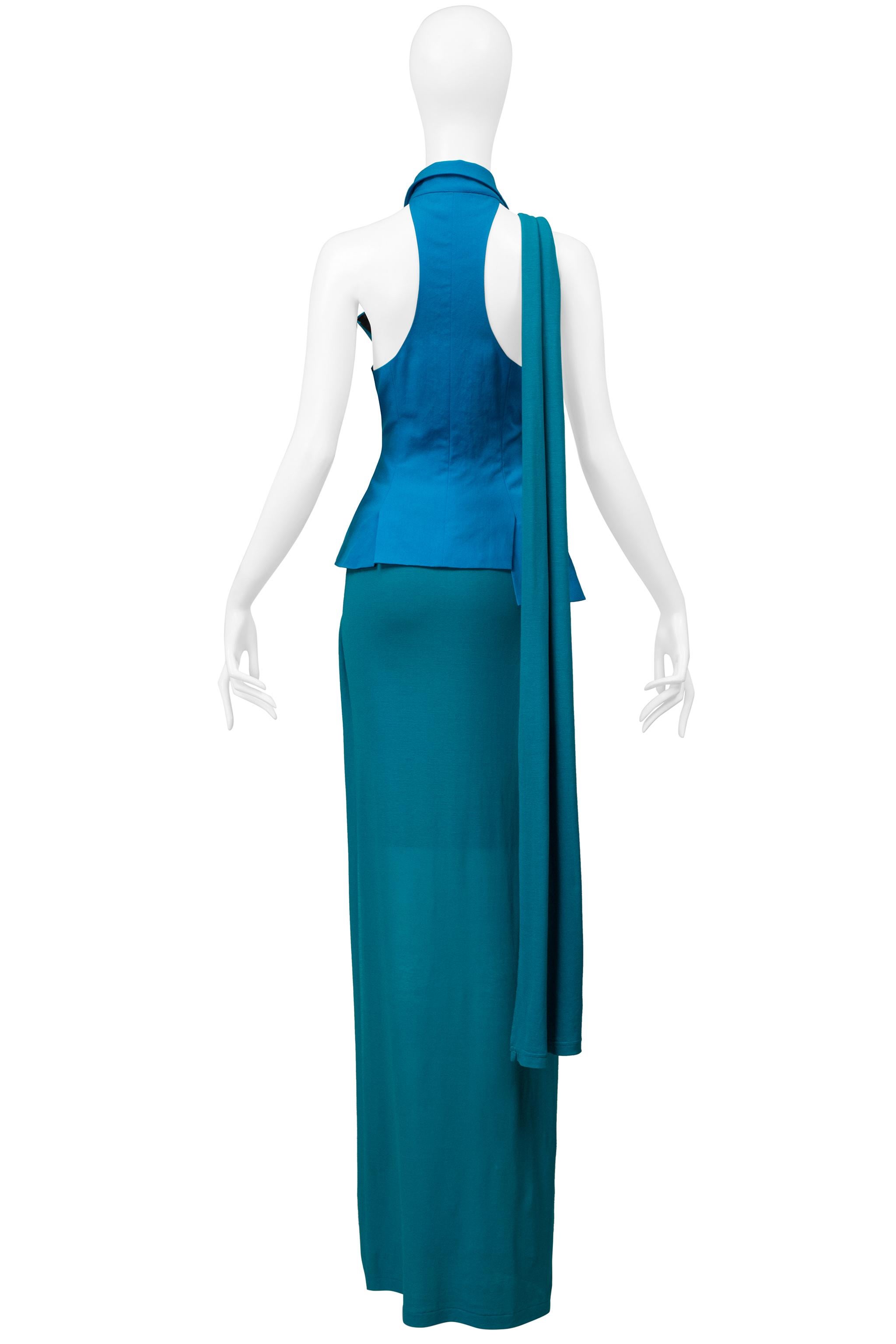 Yohji Yamamoto Blue & Teal Evening Ensemble With Detachable Sleeve & Scarf For Sale 3