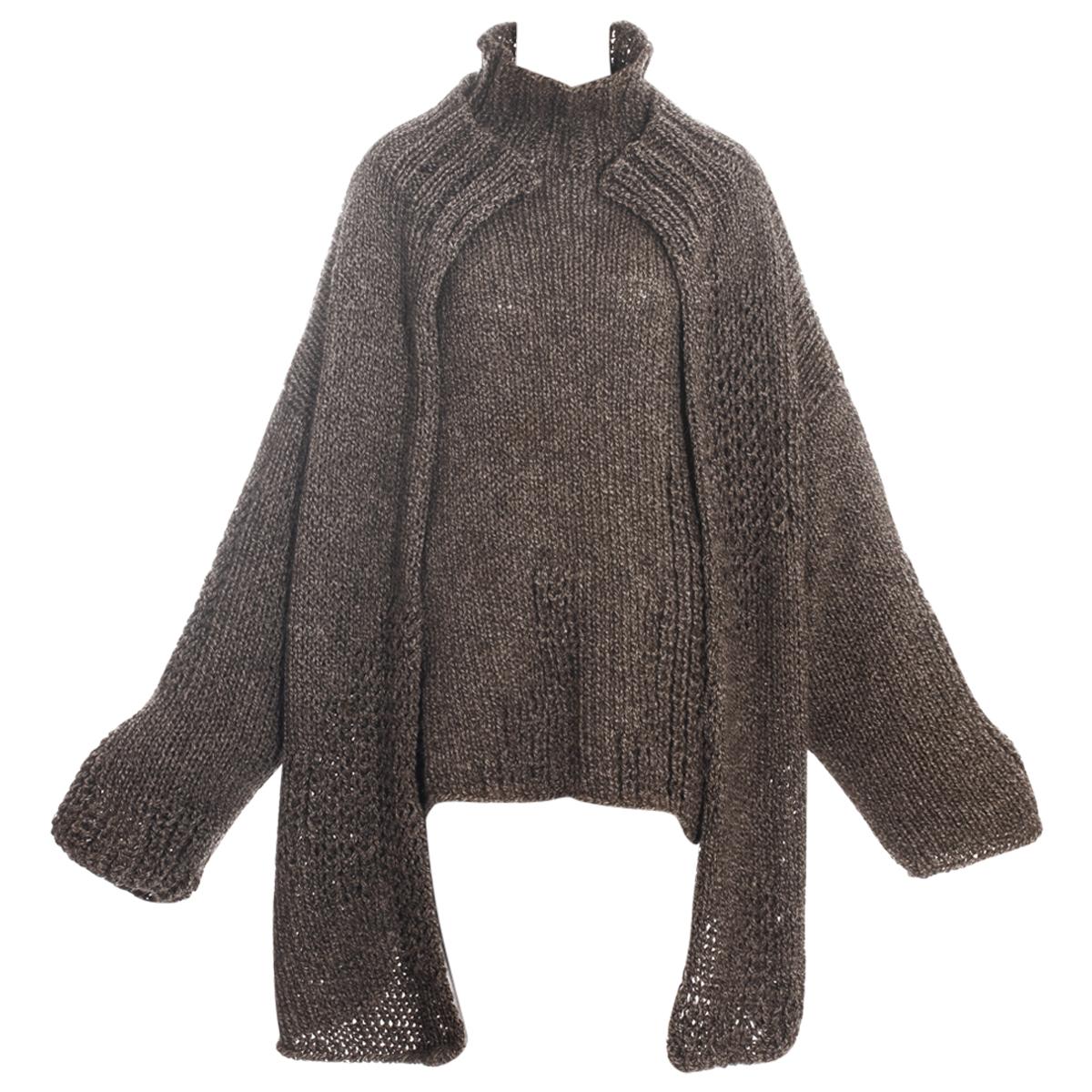 Yohji Yamamoto brown knitted wool oversized cardigan and sweater, fw 1984 For Sale