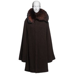 Yohji Yamamoto Brown Tweed Coat with Fox Fur Collar & Elongated Sleeves, FW 2000
