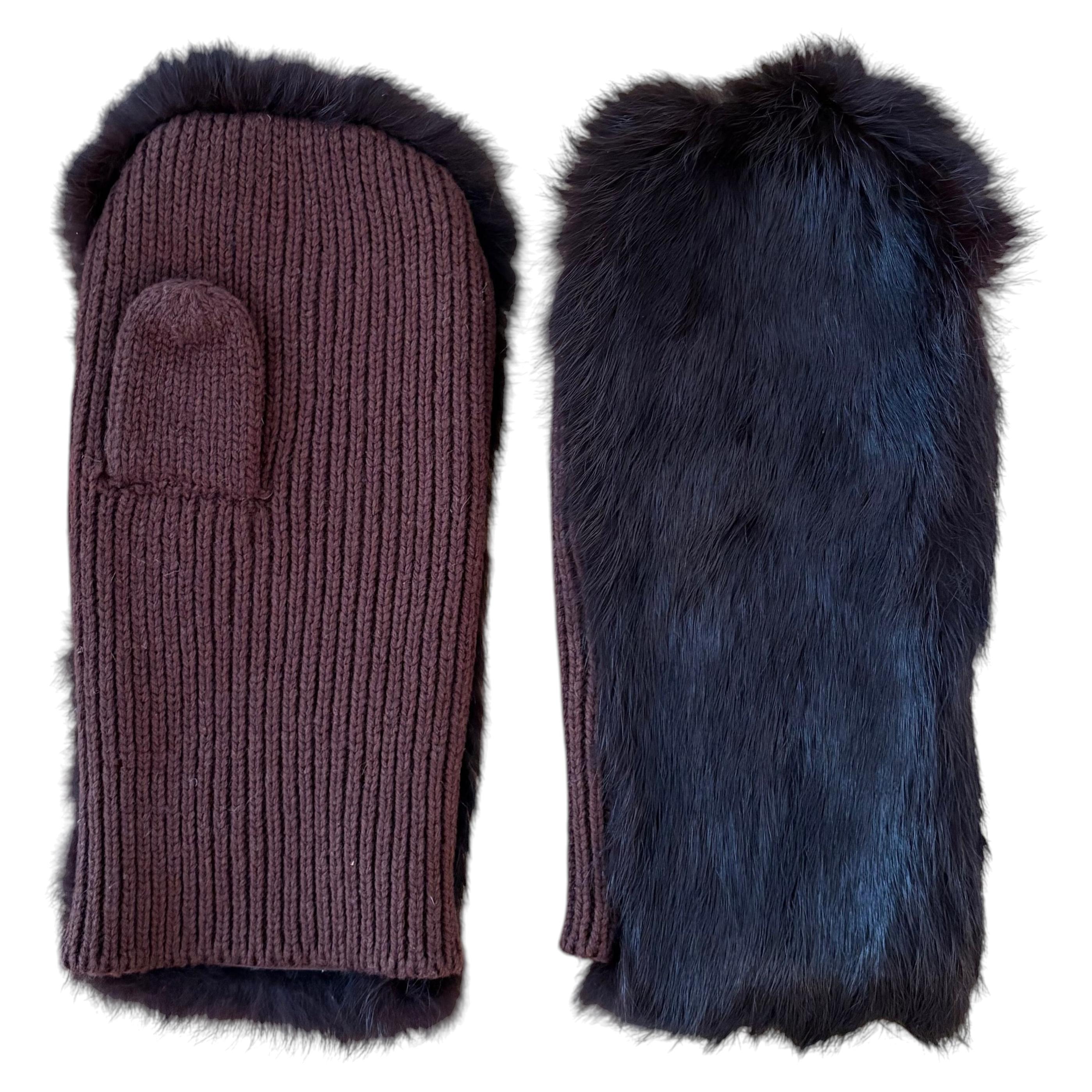 Pre-owned Yohji Yamamoto Dark Brown Rabbit Fur And Wool Mittens