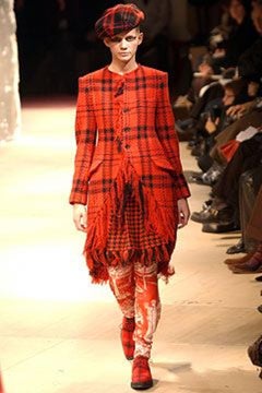 Yohji Yamamoto F/W 2003 Red And Black Houndstooth Fringed Wrap Skirt With Lambskin Waistband