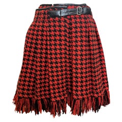 Yohji Yamamoto F/W 2003 Red And Black Houndstooth Fringed Wrap Skirt With Lambskin Waistband