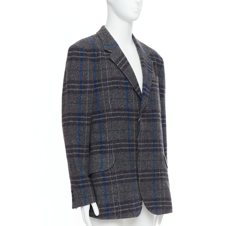 Grigio Yohji Yamamoto grigio blu 100% lana a quadri, giacca boxy JP3 L. in vendita