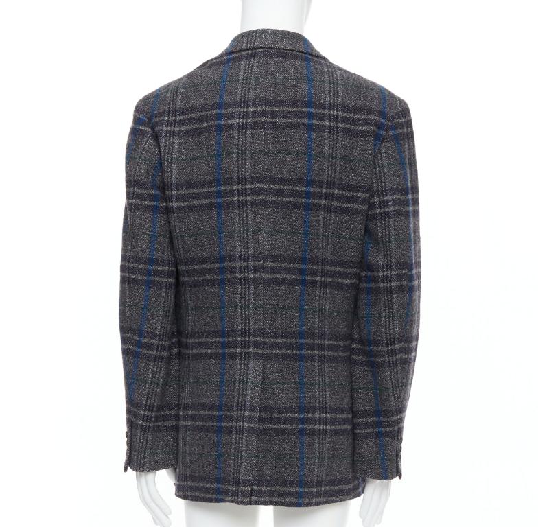 Uomo Yohji Yamamoto grigio blu 100% lana a quadri, giacca boxy JP3 L. in vendita