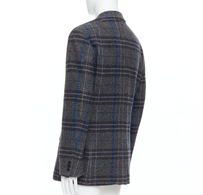 Yohji Yamamoto grigio blu 100% lana a quadri, giacca boxy JP3 L. in vendita 1