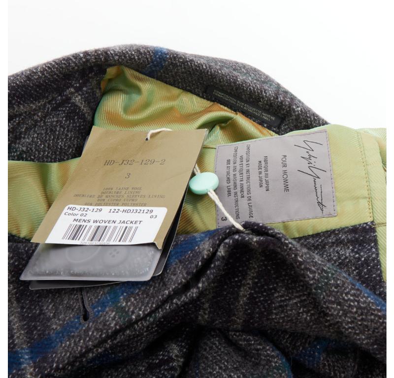 Yohji Yamamoto grigio blu 100% lana a quadri, giacca boxy JP3 L. in vendita 3