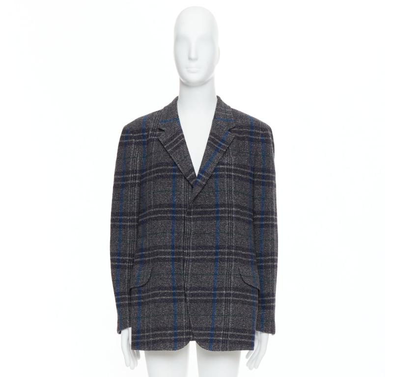 Yohji Yamamoto grigio blu 100% lana a quadri, giacca boxy JP3 L. in vendita 4