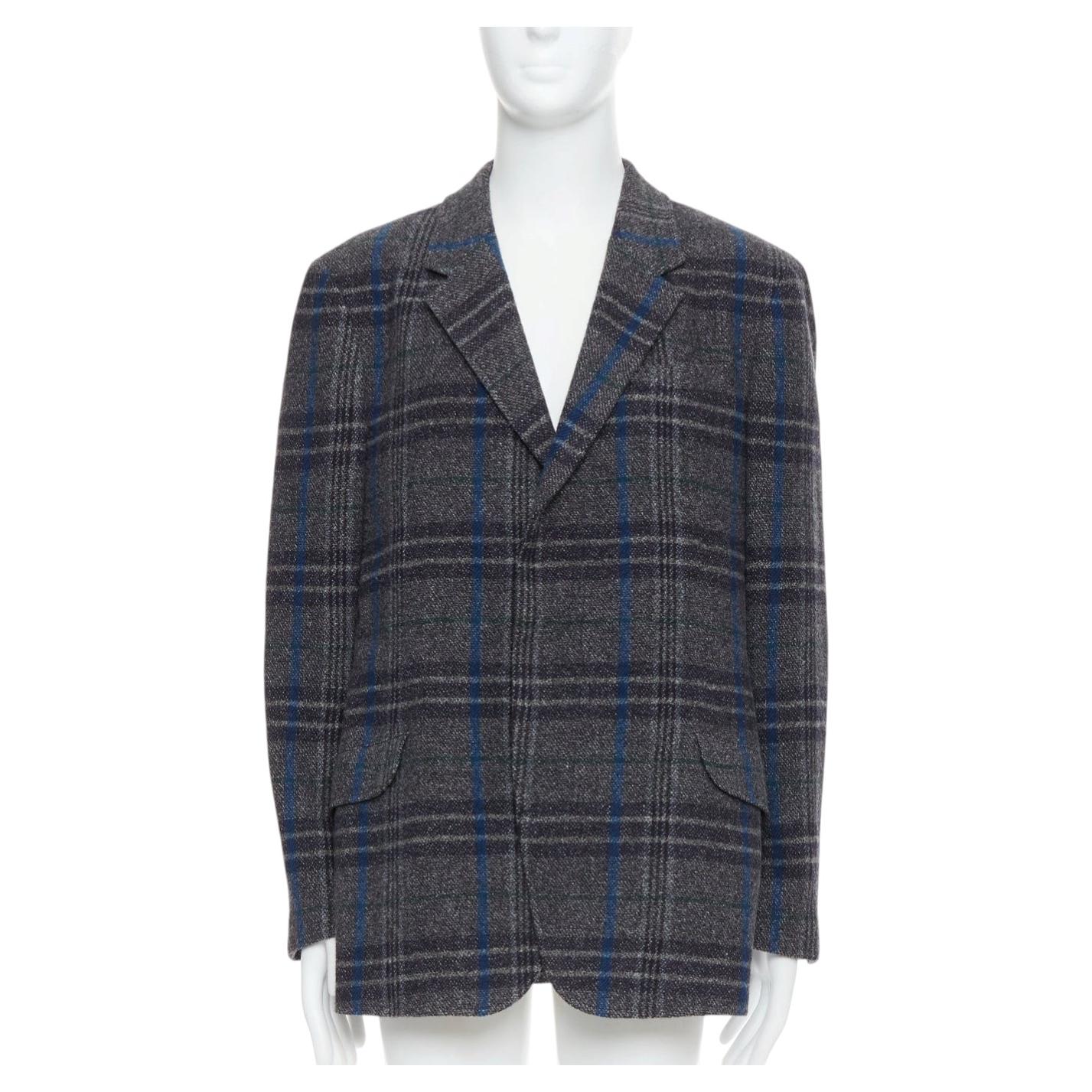 Yohji Yamamoto grigio blu 100% lana a quadri, giacca boxy JP3 L.