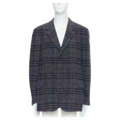 YOHJI YAMAMOTO grey blue 100% wool checked boxy jacket coat JP3 L