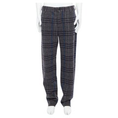 YOHJI YAMAMOTO Graublaue, karierte, breite, spitz zulaufende Hose aus 100 % Wolle JP3 L