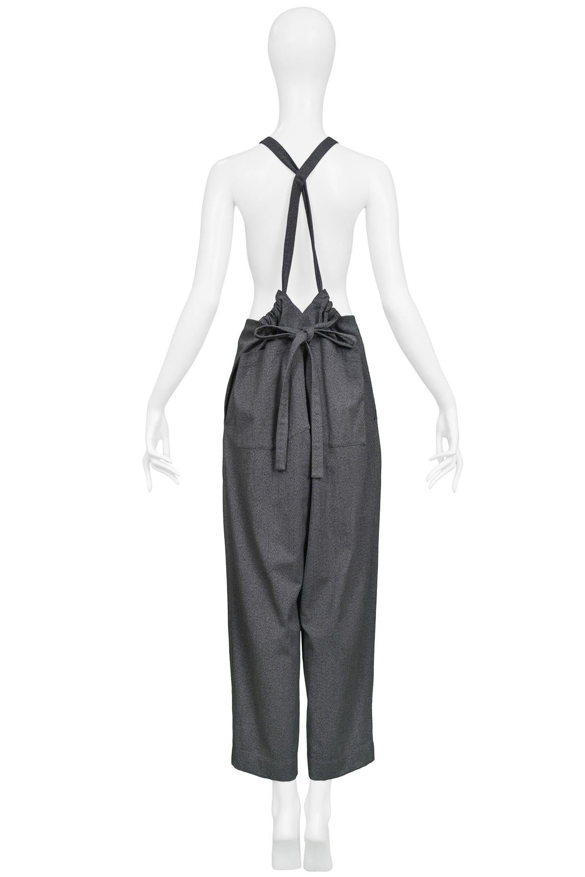 Yohji Yamamoto Grey Paper Bag Jumpsuit With Adjustable Straps In Excellent Condition For Sale In Los Angeles, CA