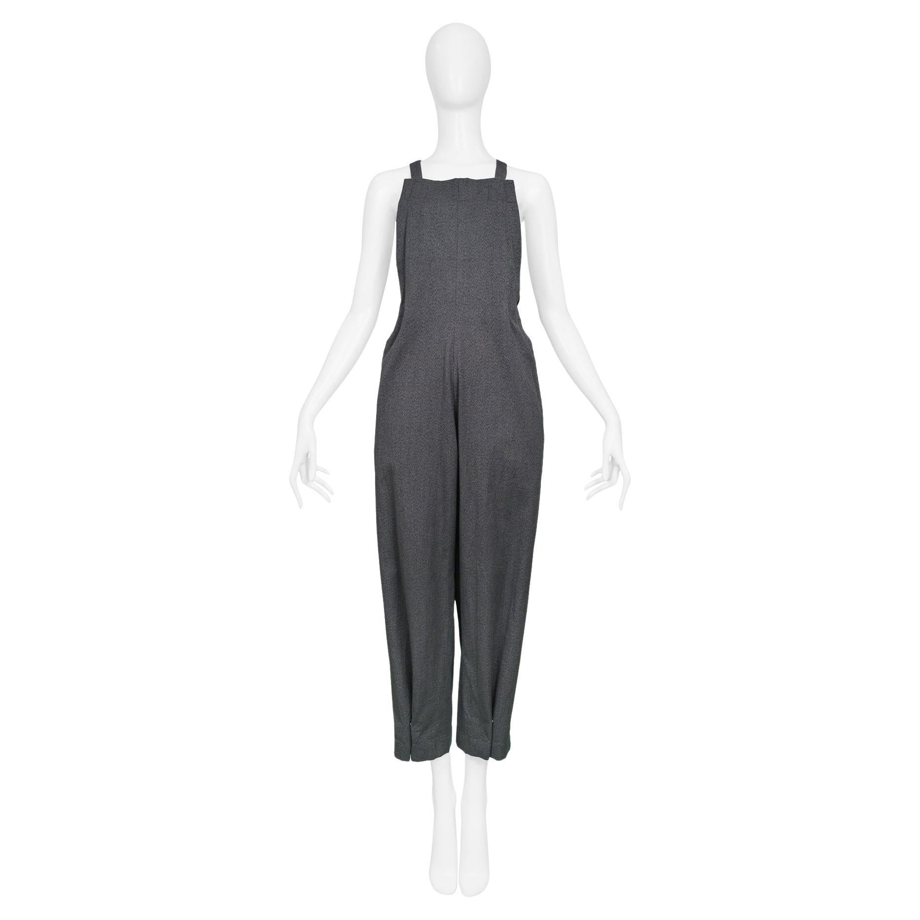 Yohji Yamamoto Grey Paper Bag Jumpsuit With Adjustable Straps For Sale