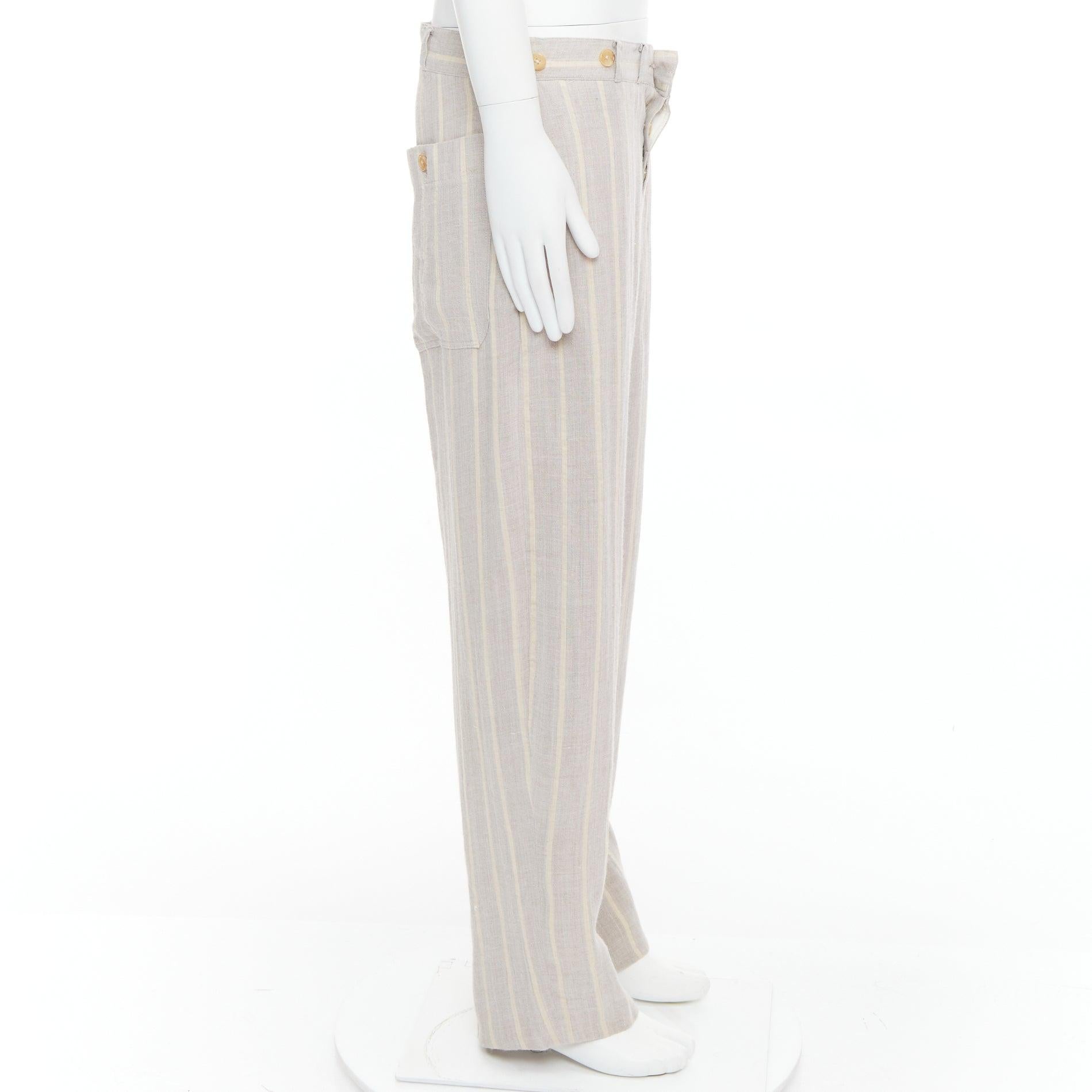Yohji Yamamoto pantaloni larghi in vita a righe gialle e grigie in rayon e lino con bottoni M. In condizioni discrete in vendita a Hong Kong, NT