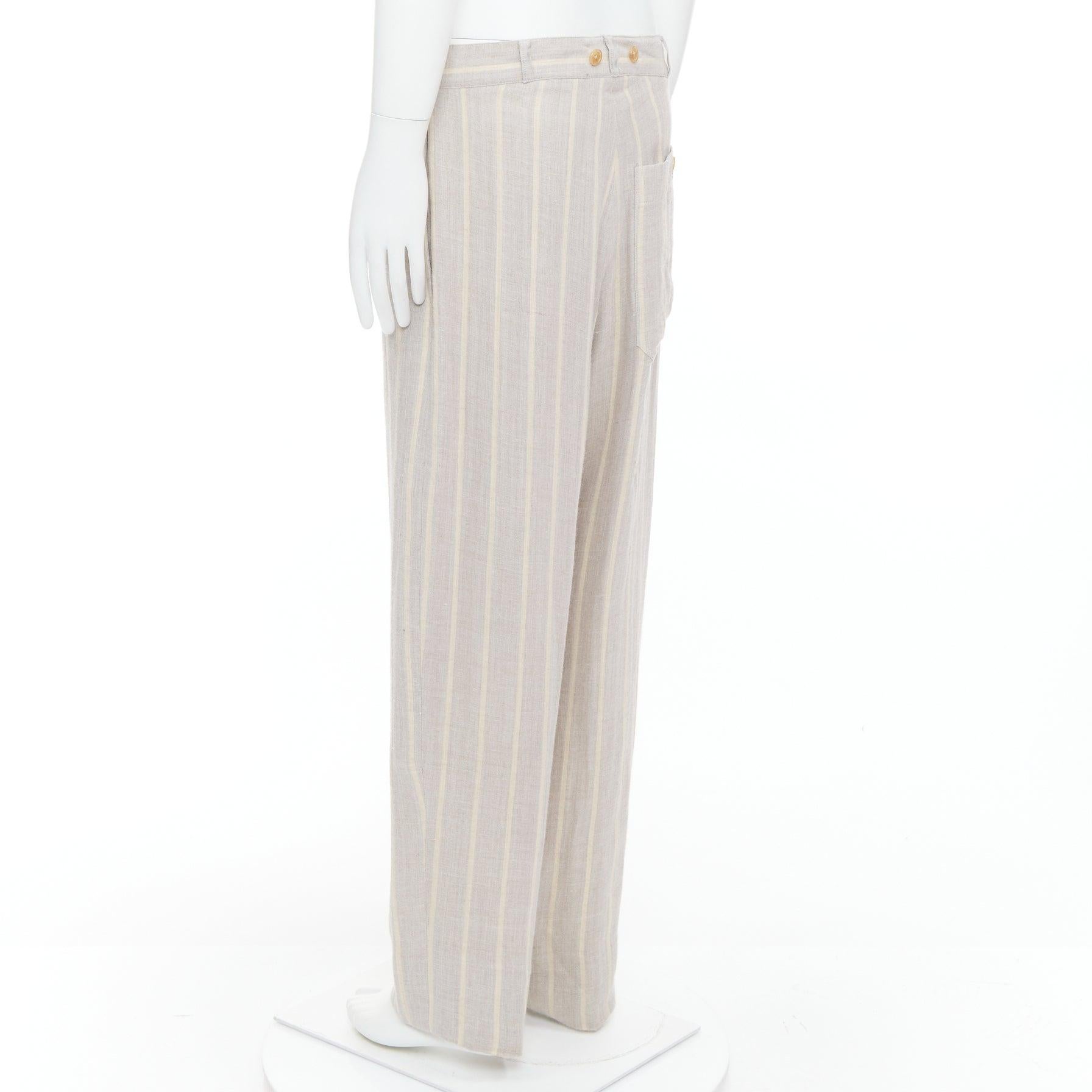Yohji Yamamoto pantaloni larghi in vita a righe gialle e grigie in rayon e lino con bottoni M. in vendita 1