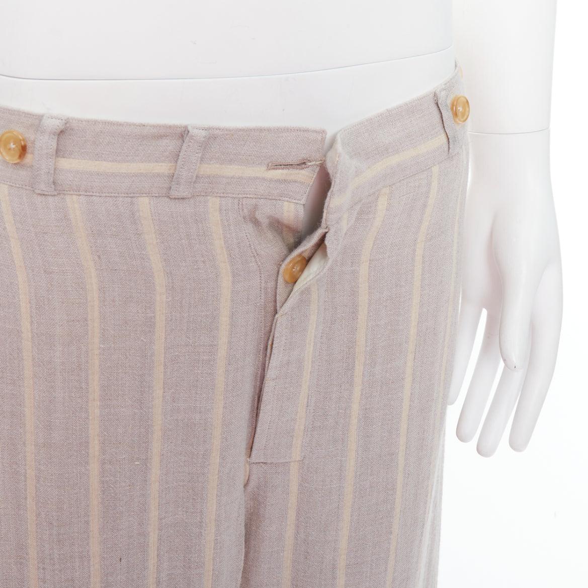 Yohji Yamamoto pantaloni larghi in vita a righe gialle e grigie in rayon e lino con bottoni M. in vendita 2