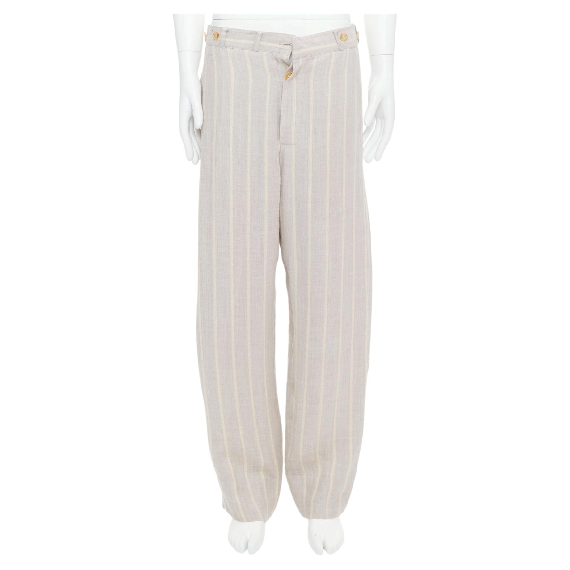Pantalon large YOHJI YAMAMOTO rayé gris et jaune rayonne lin à boutons à la taille M en vente