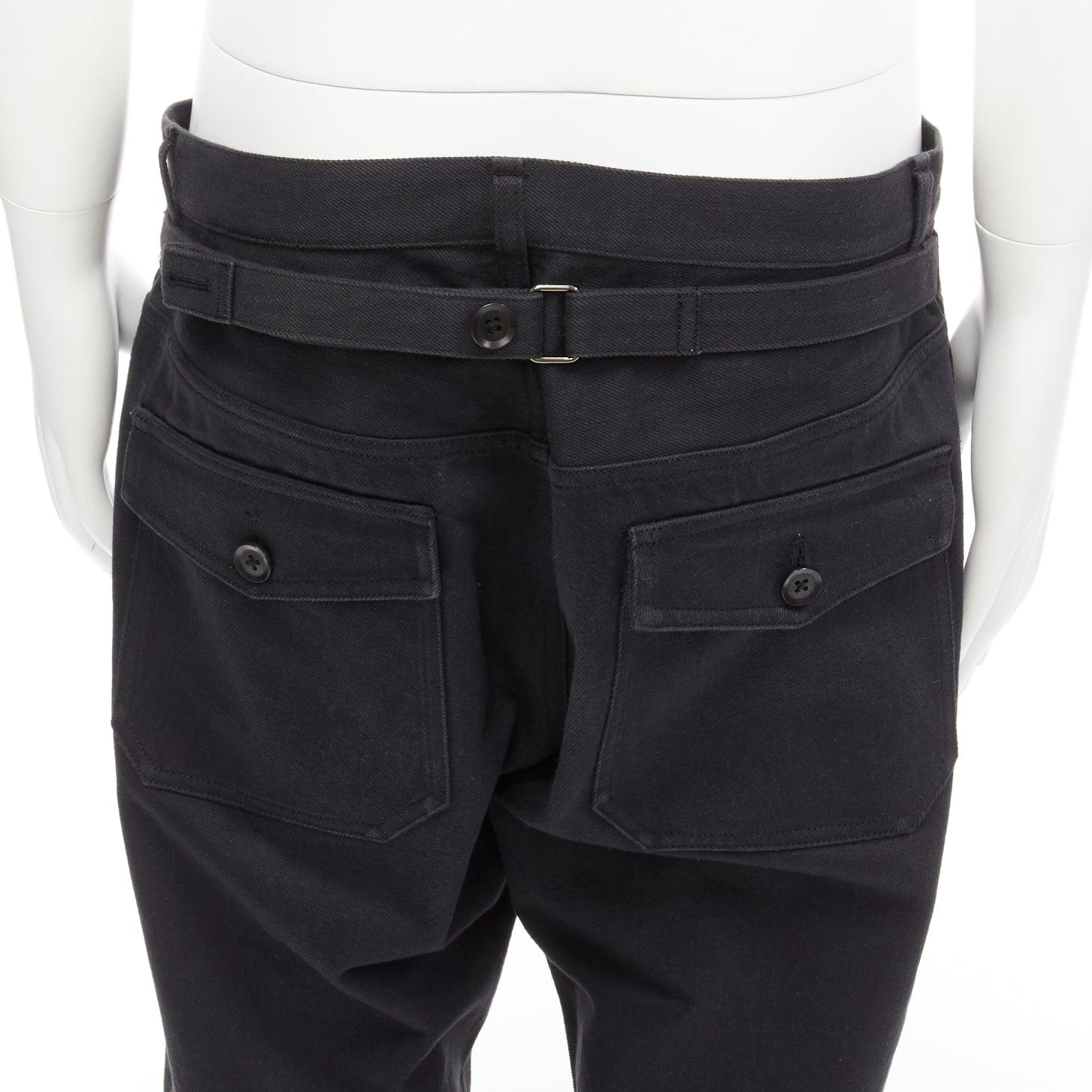 YOHJI YAMAMOTO HOMME black cotton back strap pocketed wide leg pants JP4 XL For Sale 2