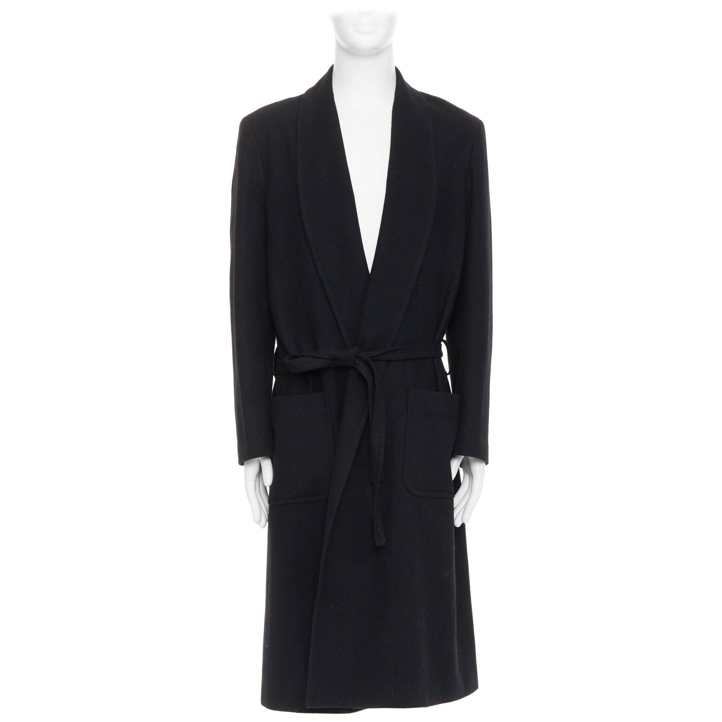 YOHJI YAMAMOTO HOMME Abrigo de lana negro con cinturón y bolsillos forrados JP2 M en venta