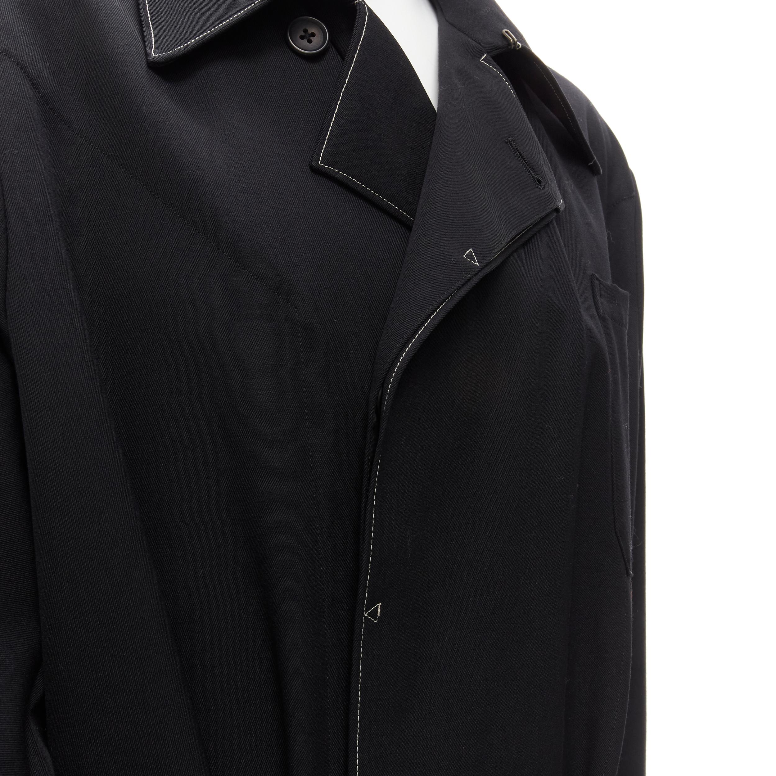 YOHJI YAMAMOTO HOMME Vintage black white topstitched draped belted coat M For Sale 7