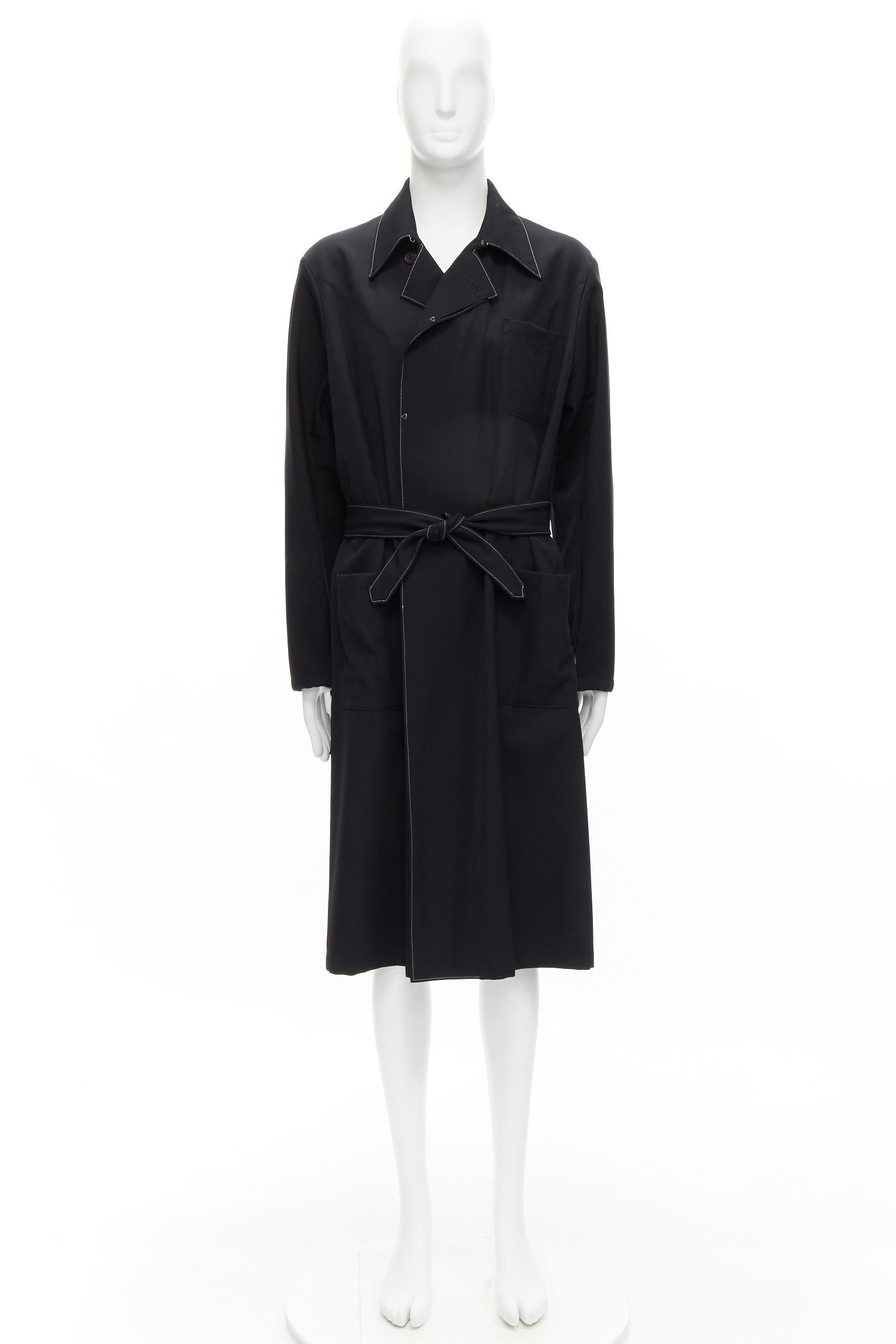 YOHJI YAMAMOTO HOMME Vintage black white topstitched draped belted coat M For Sale 10