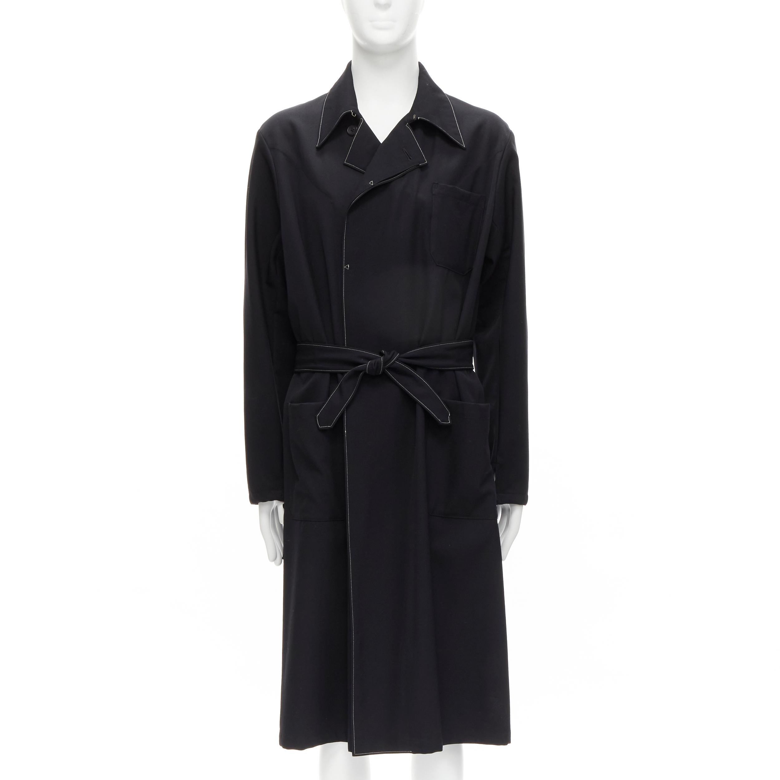 Black YOHJI YAMAMOTO HOMME Vintage black white topstitched draped belted coat M For Sale