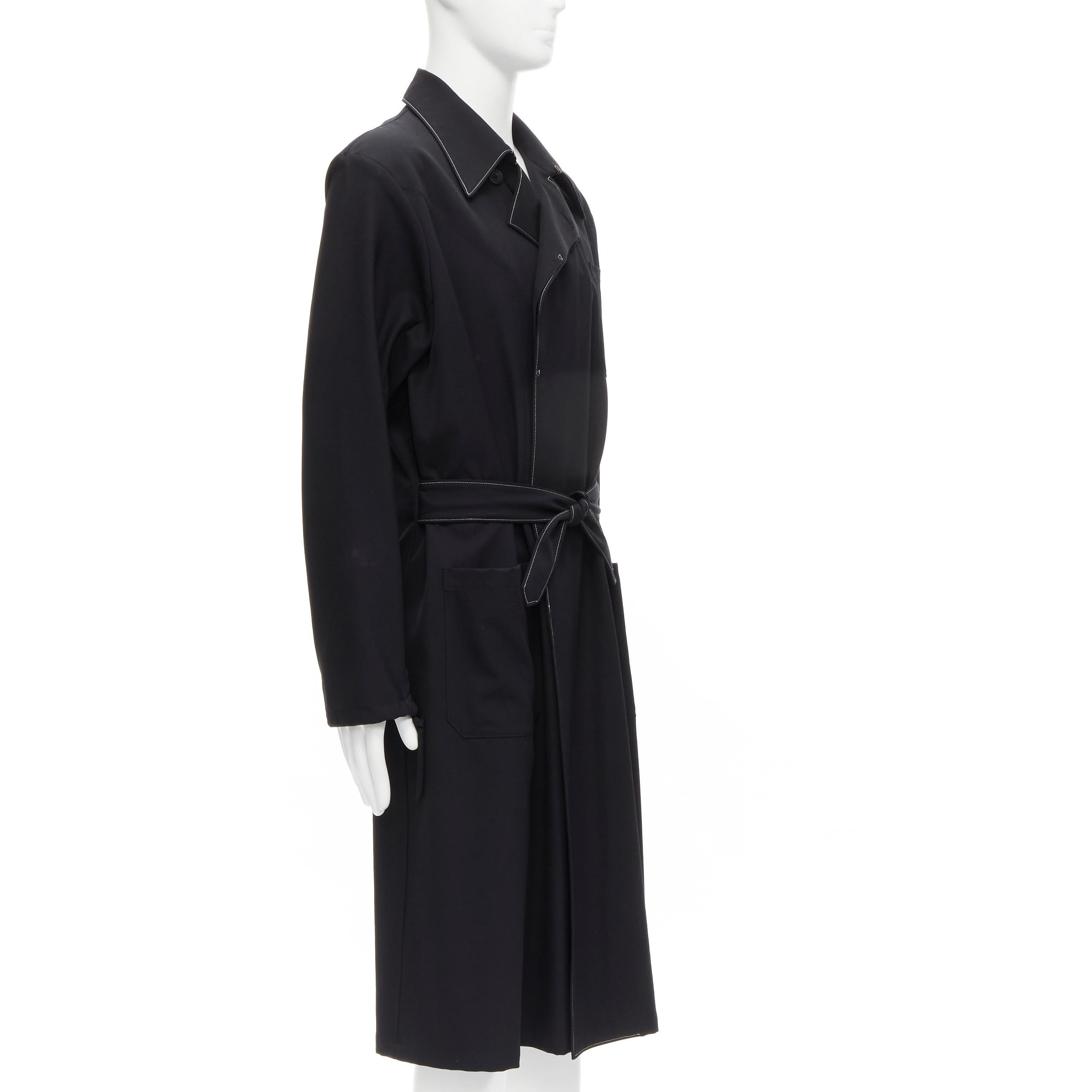 YOHJI YAMAMOTO HOMME Vintage black white topstitched draped belted coat M In Excellent Condition For Sale In Hong Kong, NT