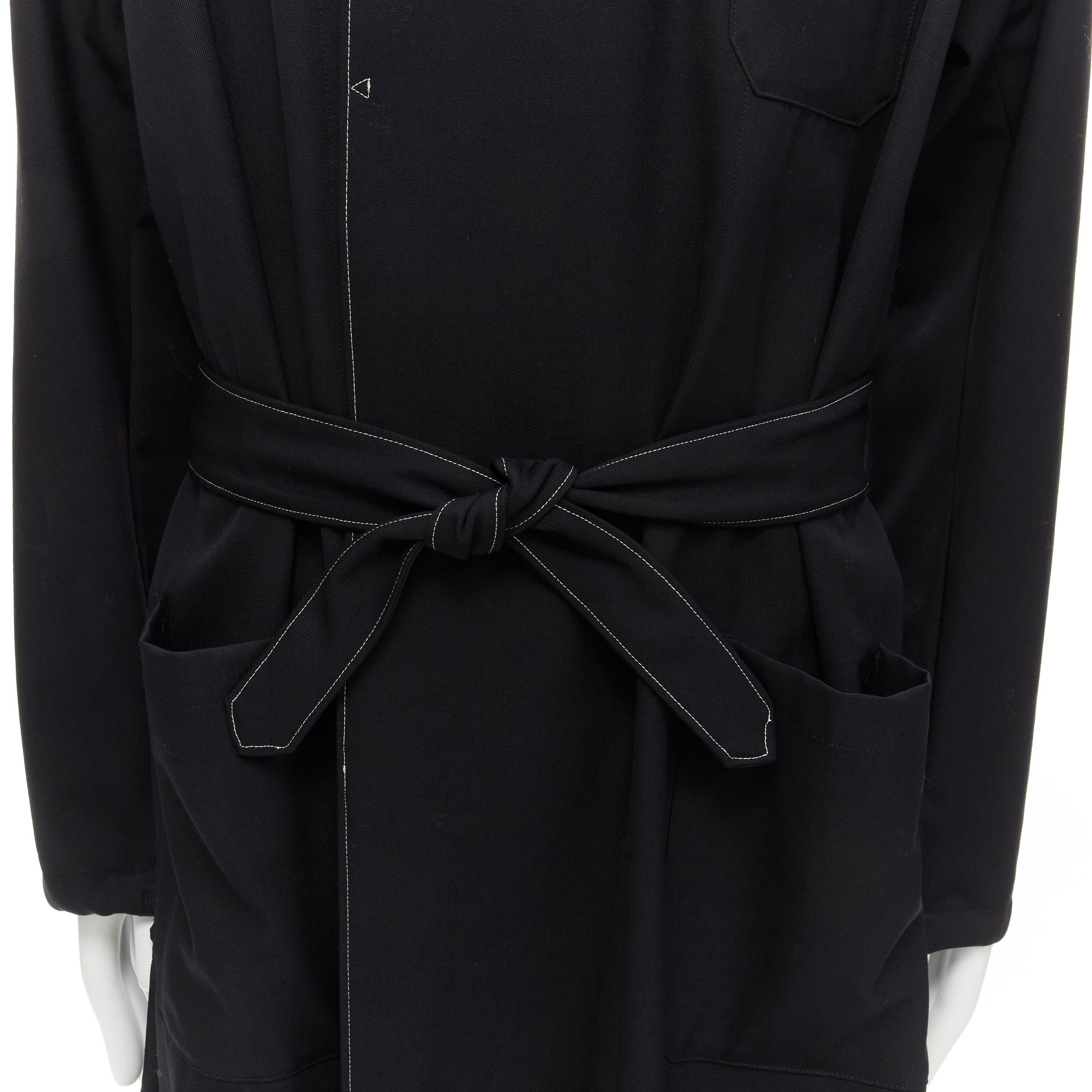 YOHJI YAMAMOTO HOMME Vintage black white topstitched draped belted coat M For Sale 3