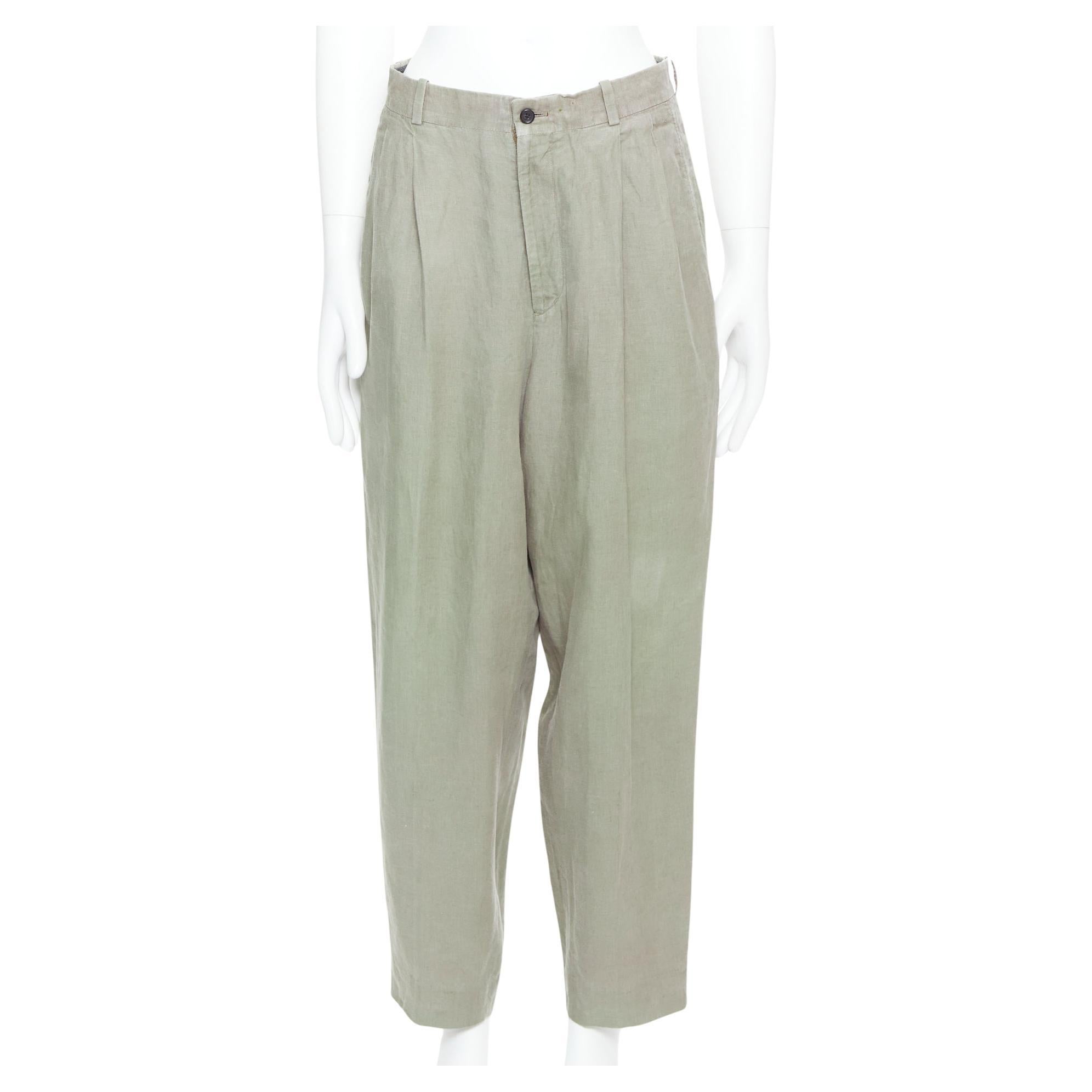 YOHJI YAMAMOTO Pantalon large plissé à l'avant et effilé vert kaki S en vente