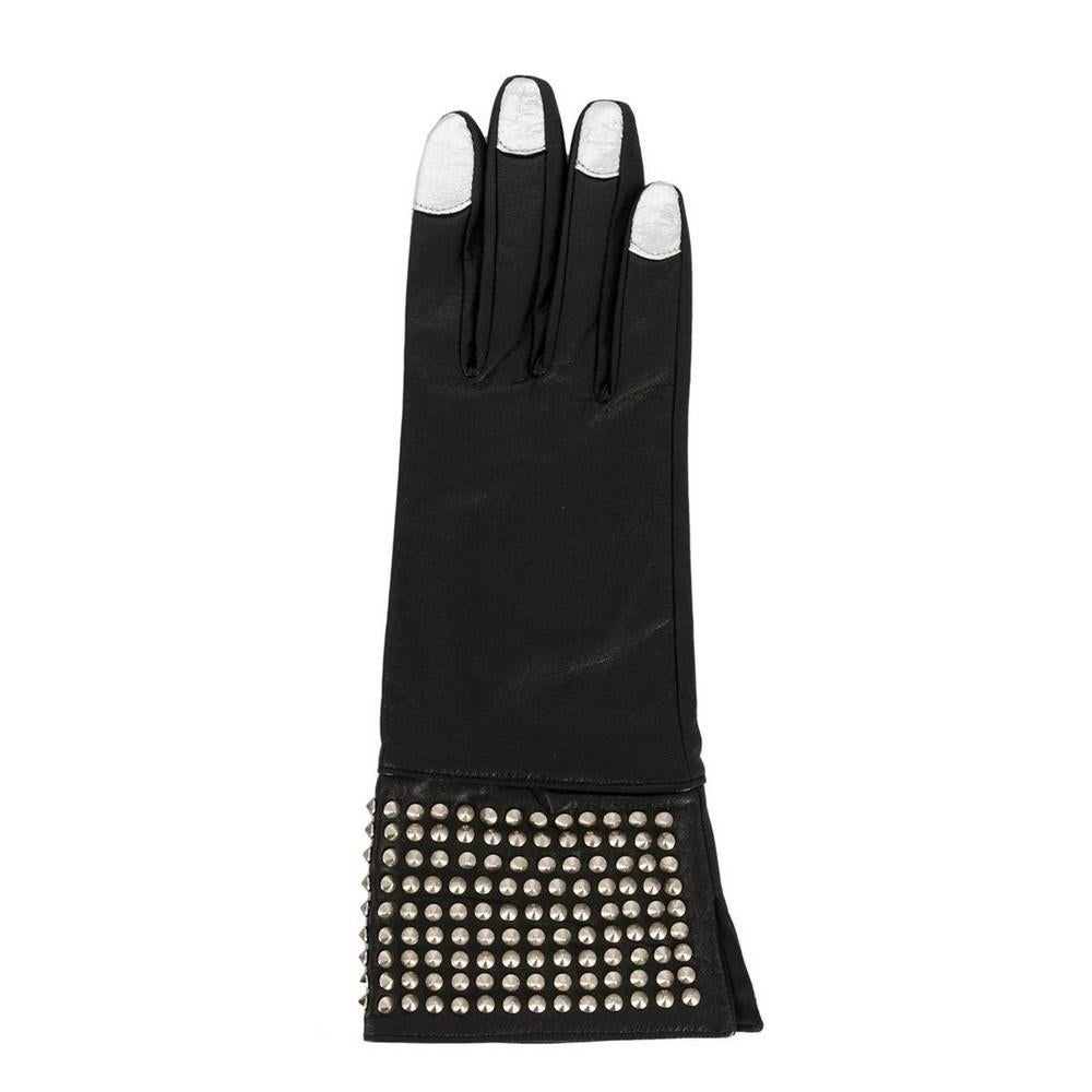 Yohji Yamamoto gloves in black leather with decorative micro studs and silver inserts at the fingertips.