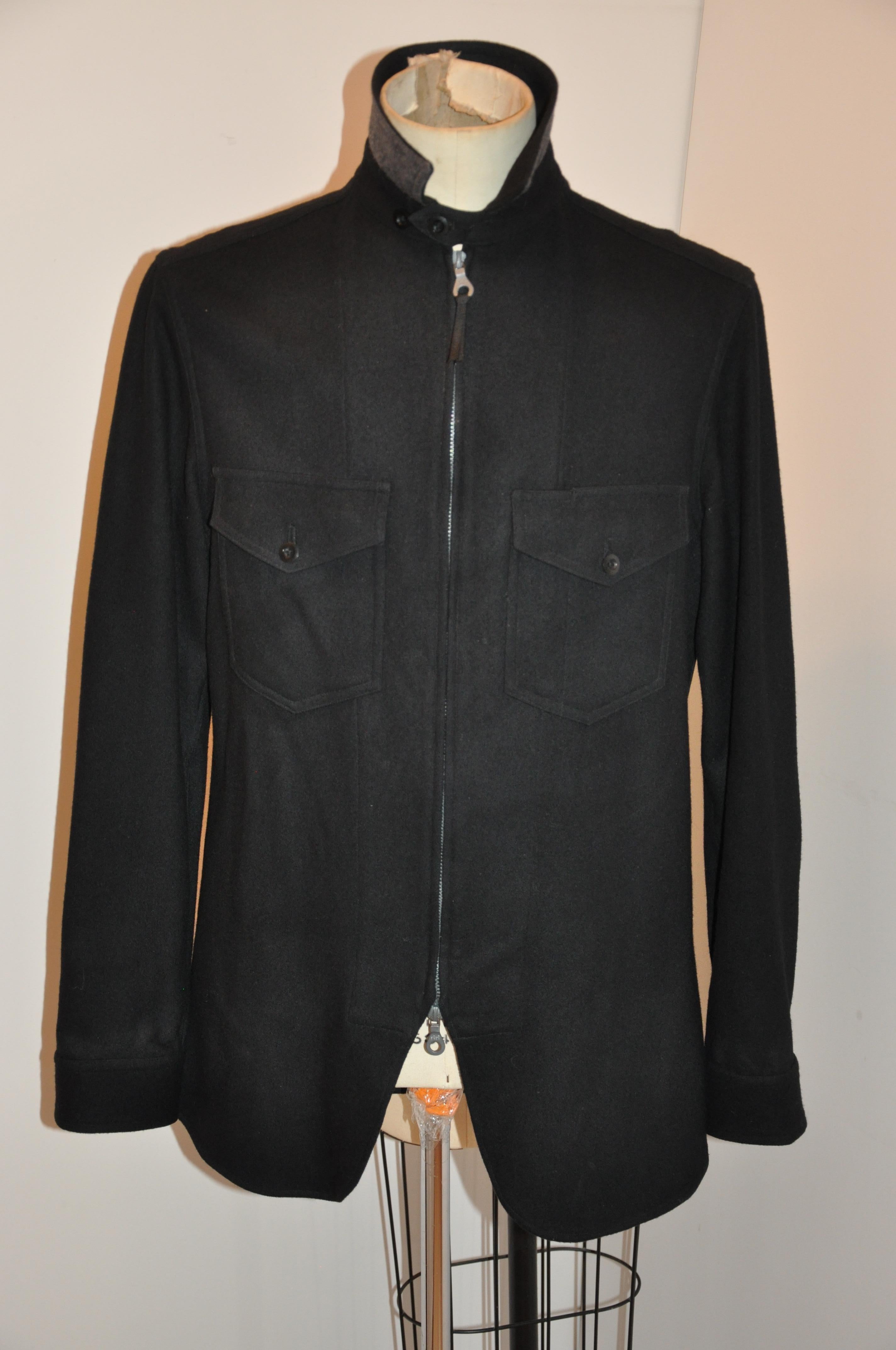 Yohji Yamamoto Men's Black 2-Way Zipper Front Patch Pocket Scallop Hem Jacket  For Sale 2