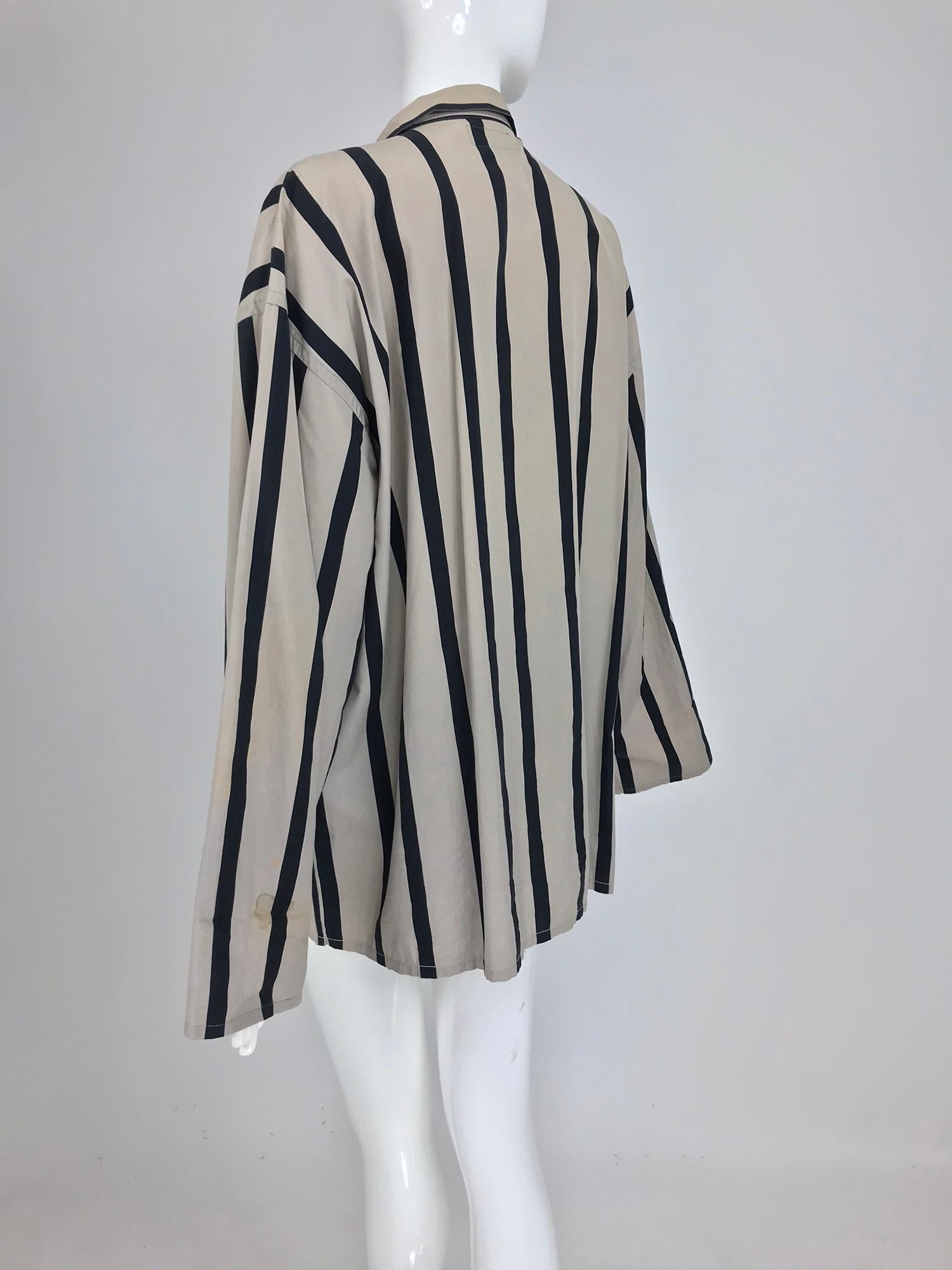 Yohji Yamamoto Mens Black and Taupe Cotton Stripe Button Front Work Jacket 1990 In Good Condition In West Palm Beach, FL