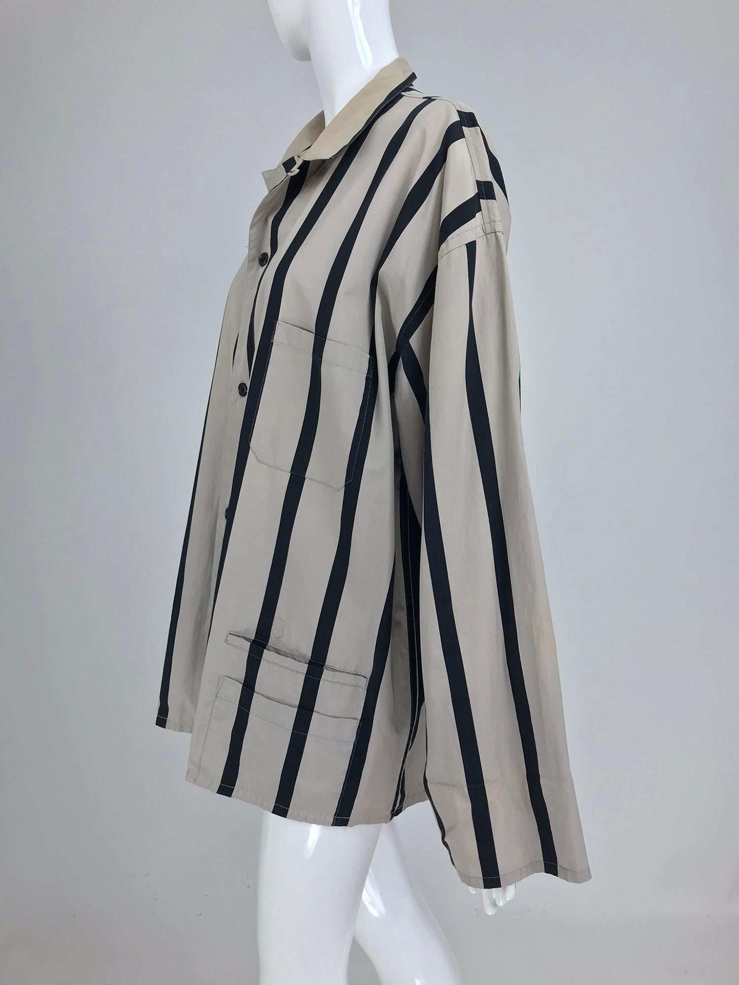 Yohji Yamamoto Mens Black and Taupe Cotton Stripe Button Front Work Jacket 1990 1