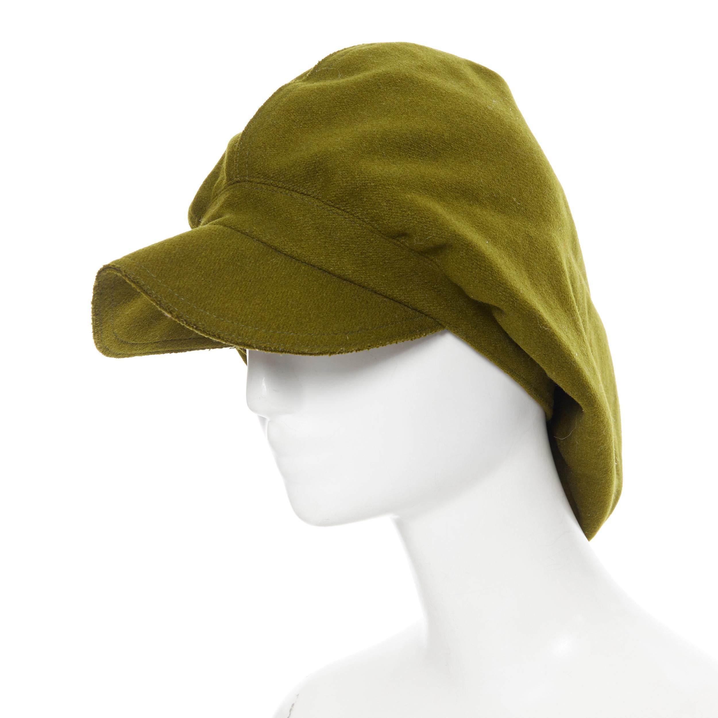 Brown YOHJI YAMAMOTO military green wool short beak oversized draped beanie hat