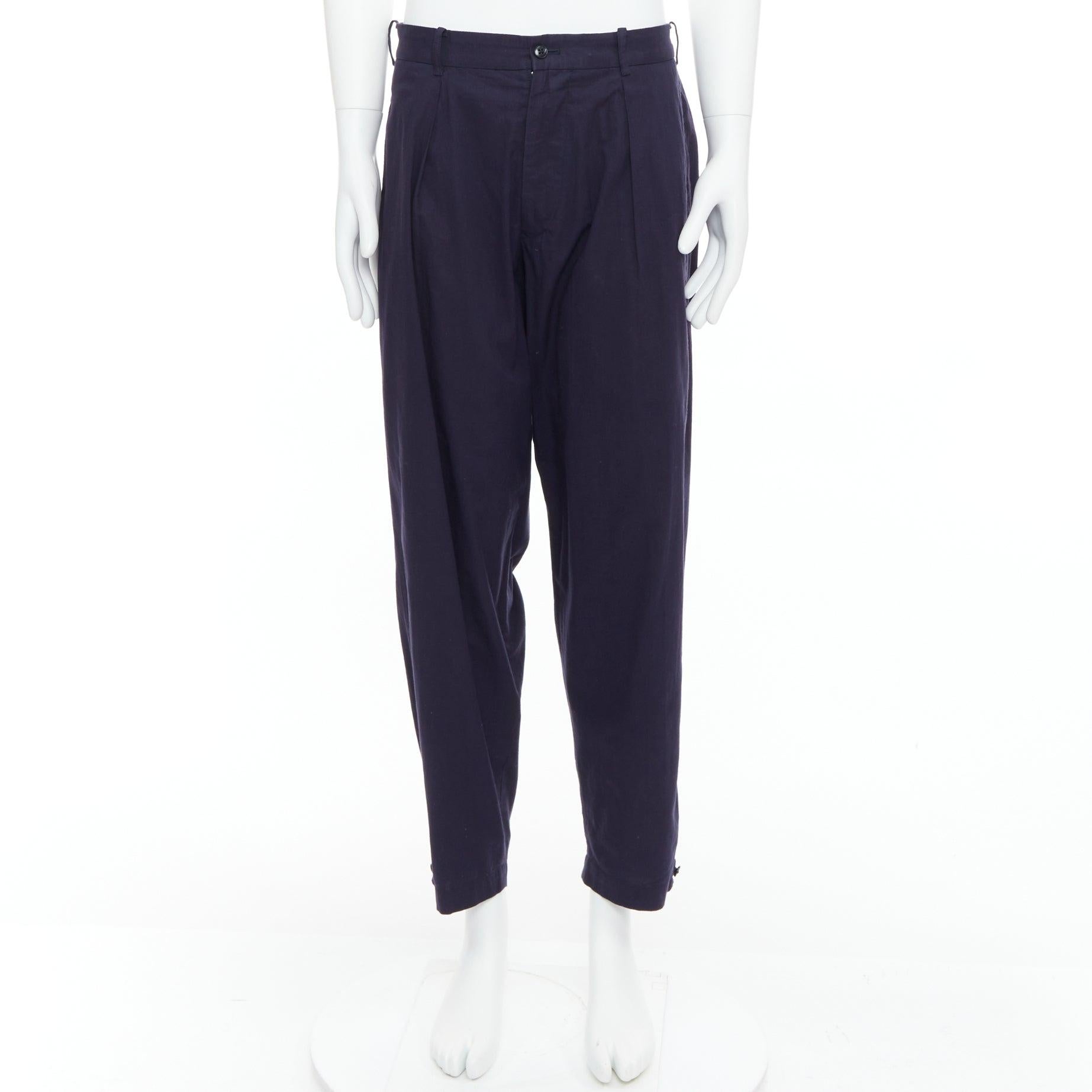 YOHJI YAMAMOTO Pantalon effilé bleu marine 100 % coton plissé sur le devant JP4 XL en vente 4