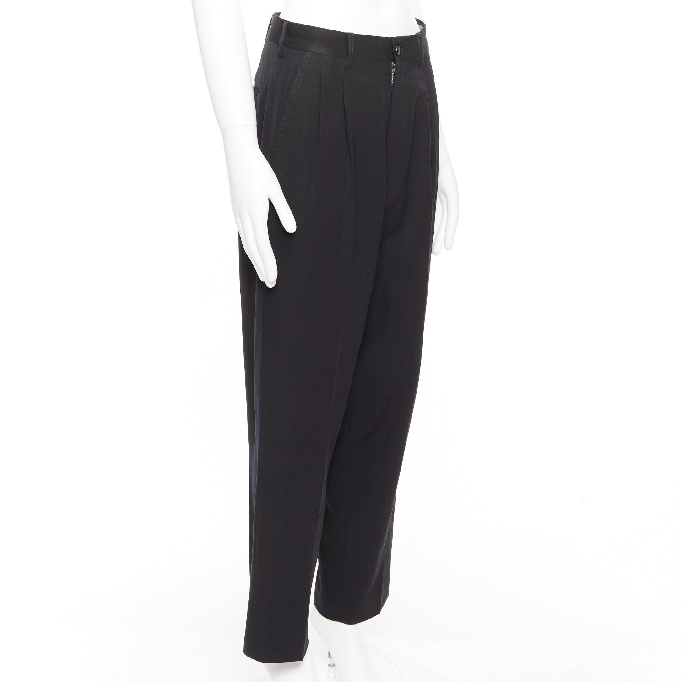 Noir YOHJI YAMAMOTO Pantalon large plissé à l'avant et effilé bleu marine 100 % laine S en vente
