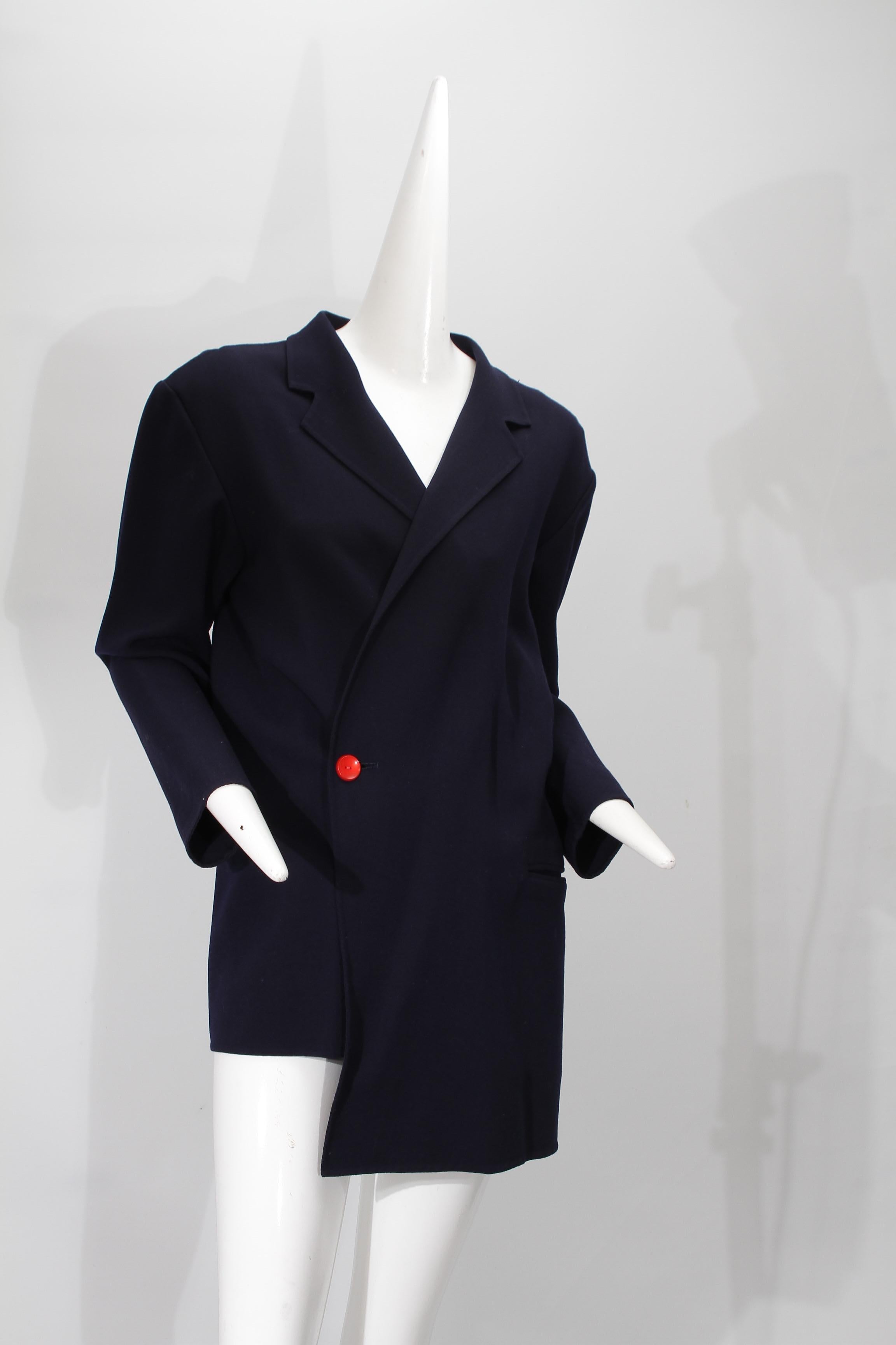 YOHJI YAMAMOTO, navy, single red button, asymmetrical, wool blazer For Sale 7
