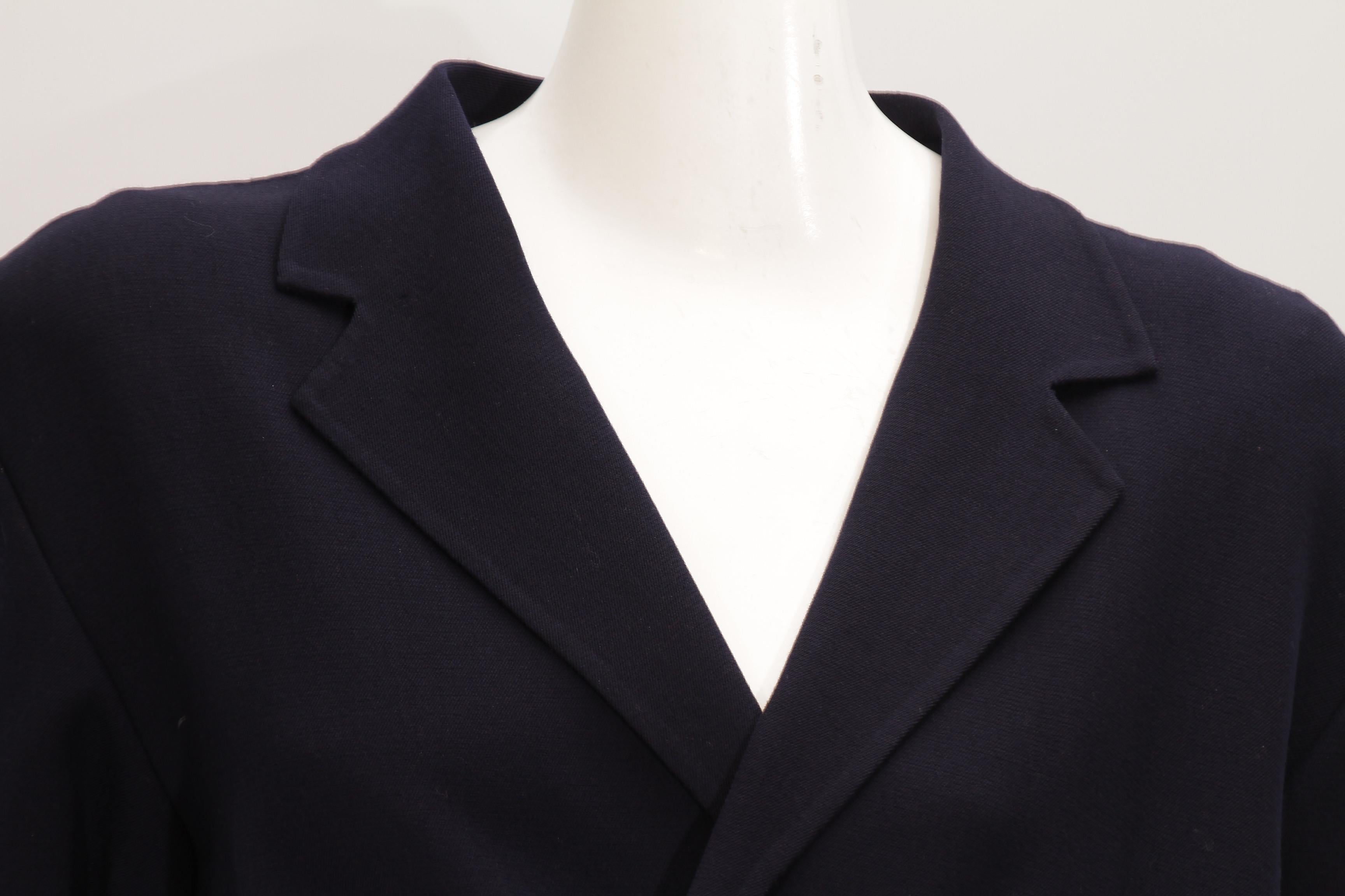 YOHJI YAMAMOTO, navy, single red button, asymmetrical, wool blazer In Excellent Condition For Sale In Kingston, NY