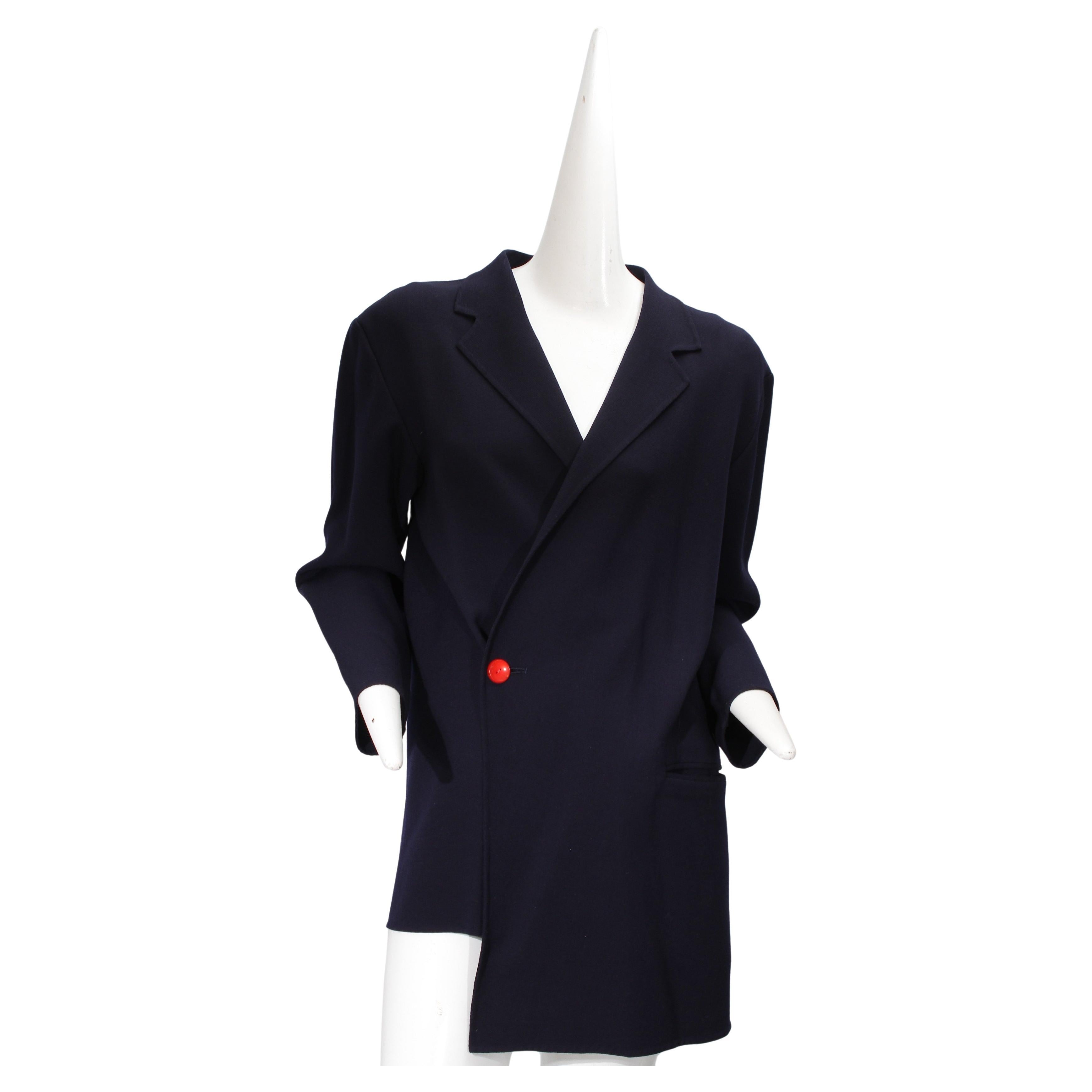 YOHJI YAMAMOTO, navy, single red button, asymmetrical, wool blazer For Sale