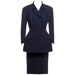 Yohji Yamamoto Navy Wool Gabardine Hourglass Padded-Hip Skirt Suit, SS 1997