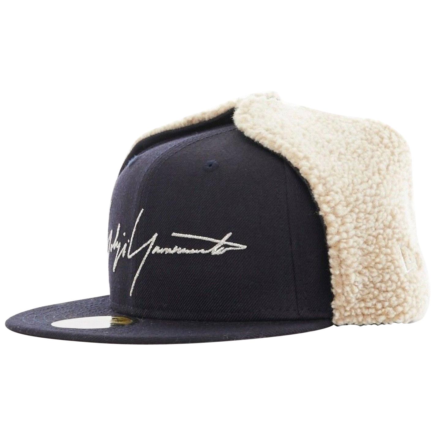YOHJI YAMAMOTO NEW ERA logo embroidery faux shearling aviator cap hat 7 1/4