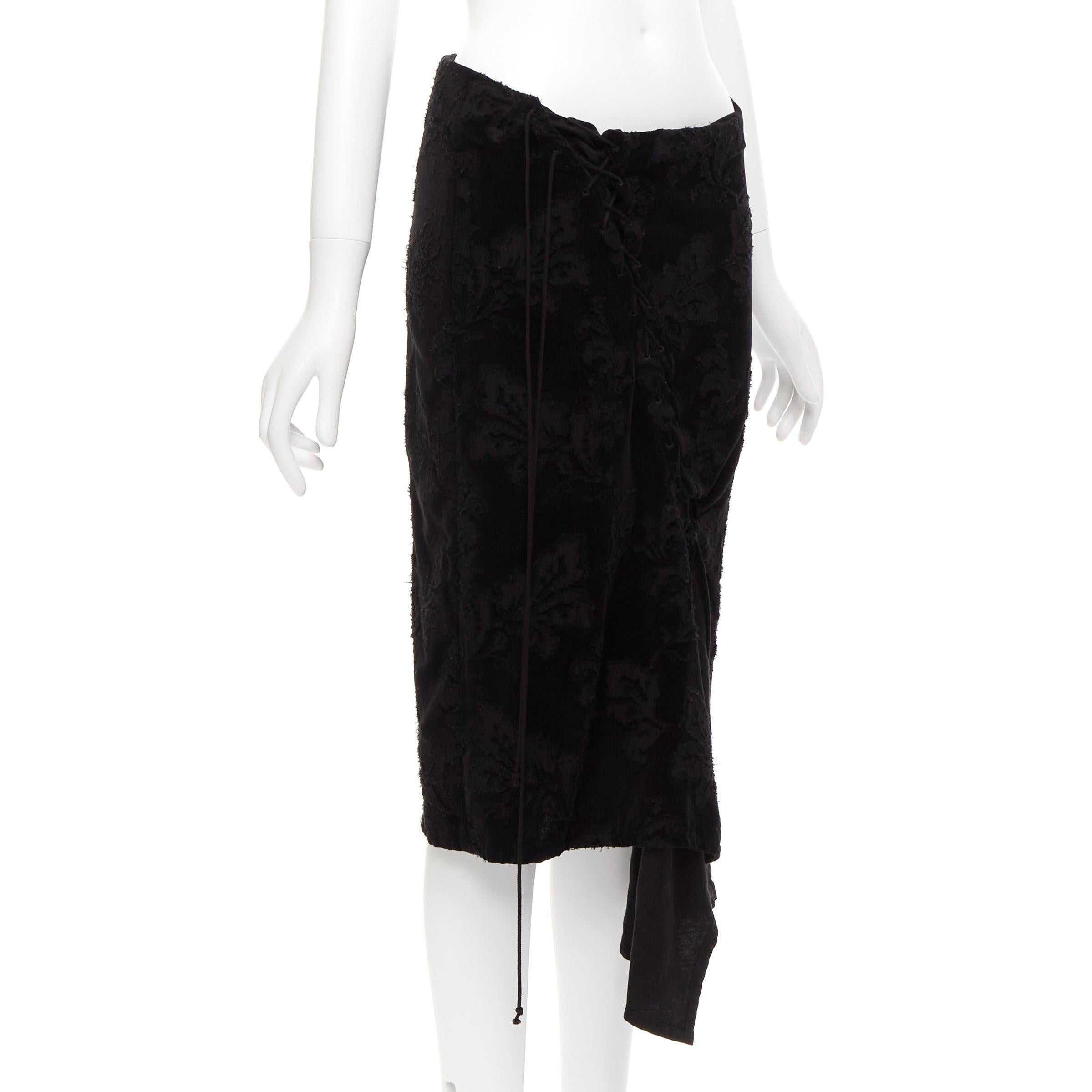 Black YOHJI YAMAMOTO NOIR black cotton velvet floral jacquard lace up skirt JP1 S For Sale