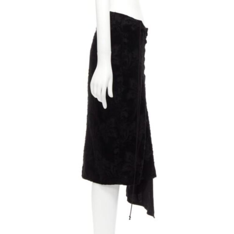 YOHJI YAMAMOTO NOIR black cotton velvet floral jacquard lace up skirt JP1 S In Good Condition For Sale In Hong Kong, NT