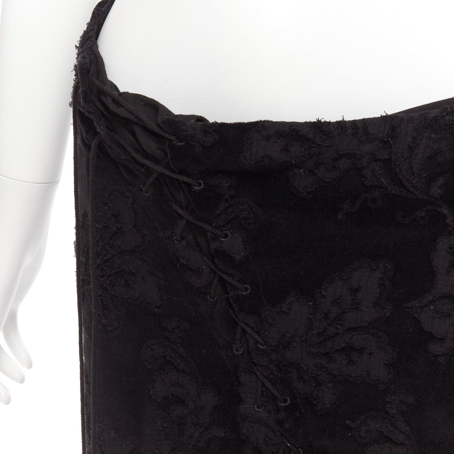 YOHJI YAMAMOTO NOIR black cotton velvet floral jacquard lace up skirt JP1 S For Sale 2