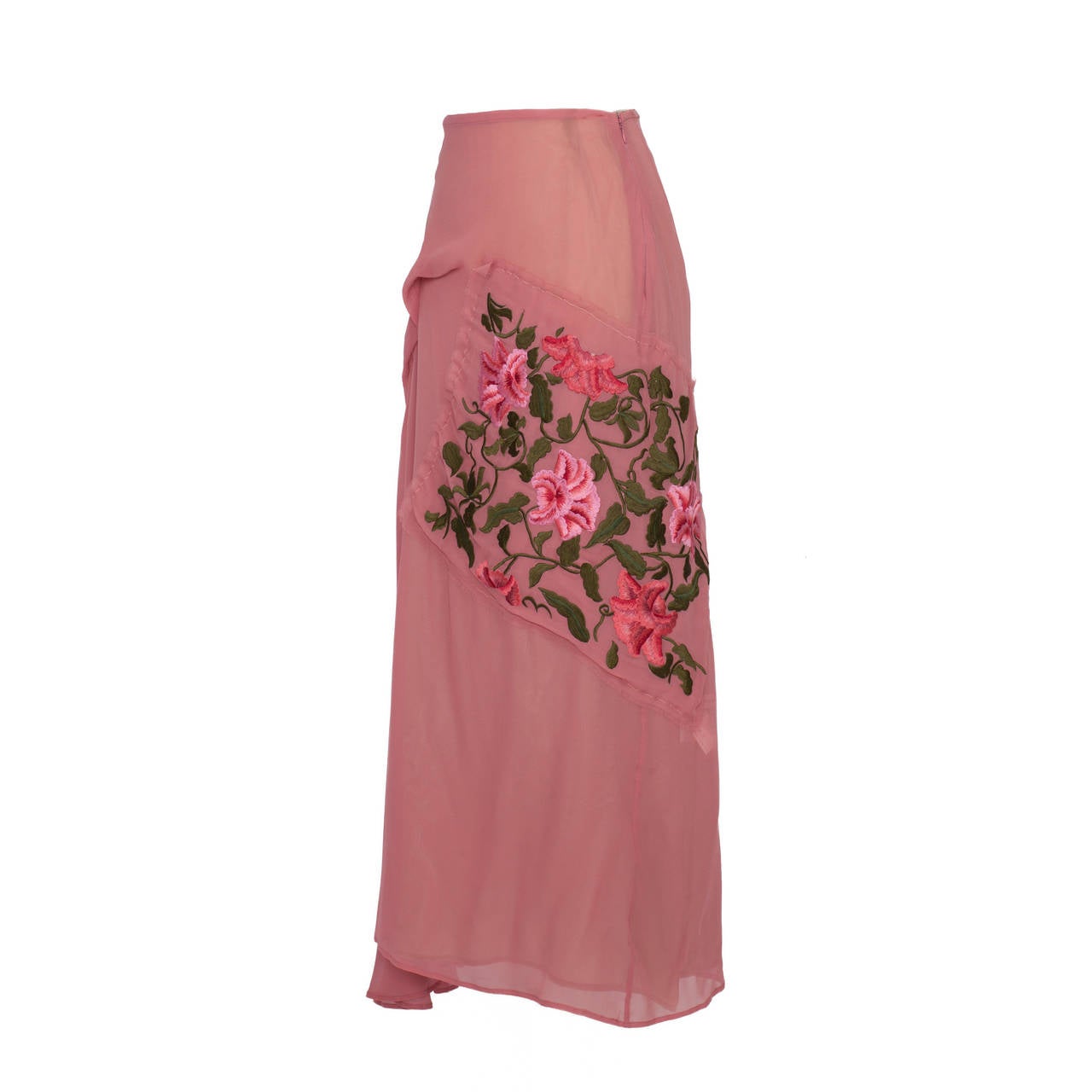 Yohji Yamamoto pink / beige asymmetric silk double layered skirt. 
Draping front detail with amazing embroidered flower square patch.