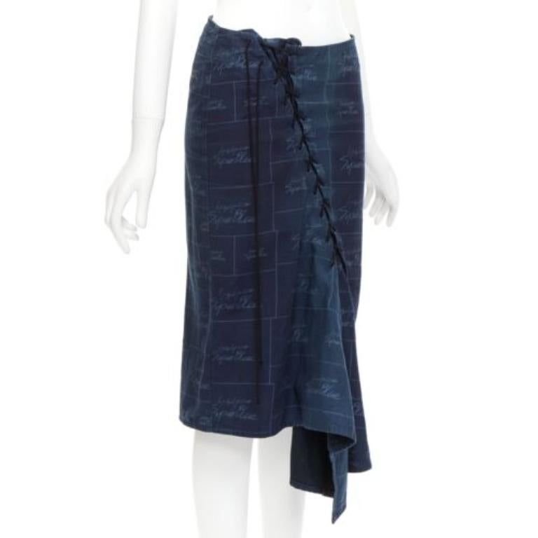 Black YOHJI YAMAMOTO Noir Superblue blue cotton logo print laced up skirt JP1 S For Sale