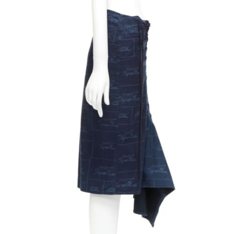YOHJI YAMAMOTO Noir Superblue blue cotton logo print laced up skirt JP1 S In Good Condition For Sale In Hong Kong, NT