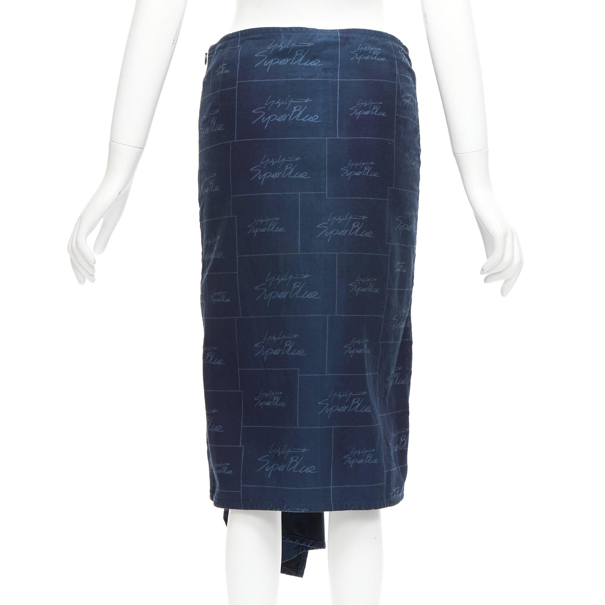 YOHJI YAMAMOTO Noir Superblue blue cotton logo print laced up skirt JP1 S In Good Condition For Sale In Hong Kong, NT