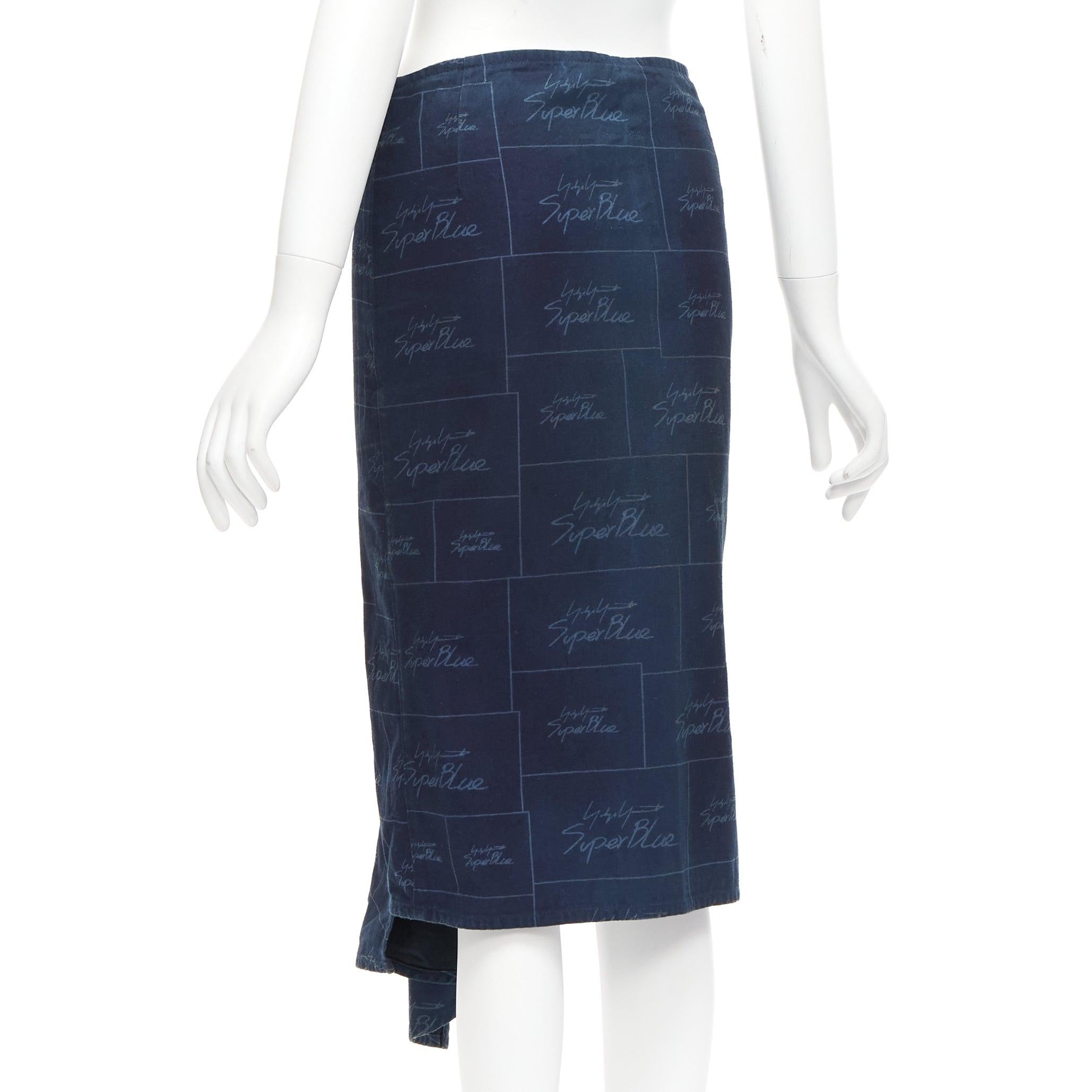 Women's YOHJI YAMAMOTO Noir Superblue blue cotton logo print laced up skirt JP1 S For Sale